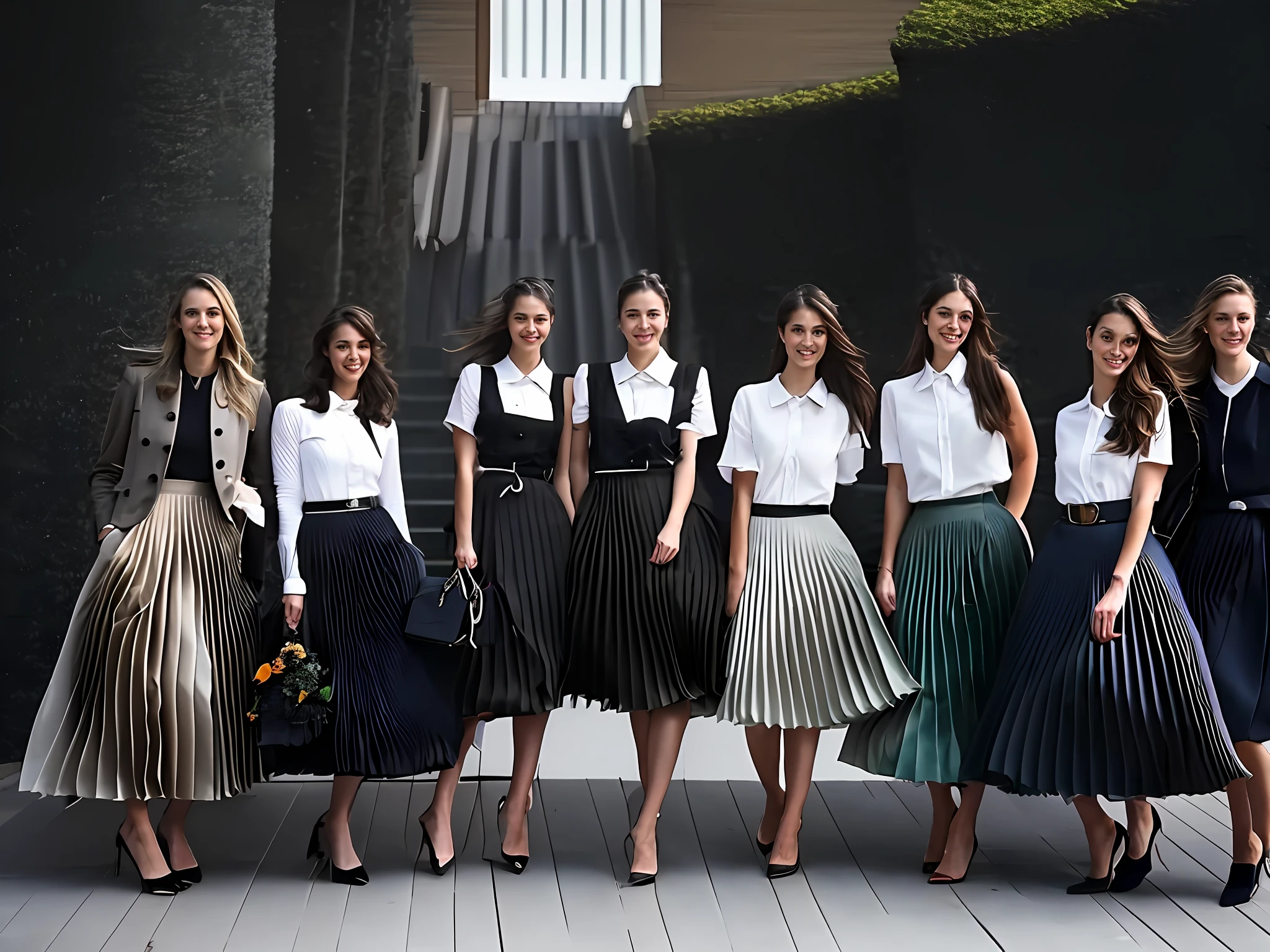 documetary photograph of many tender, compassionate, kind, flirty, shy smile, attractive, pretty, cute, passionate sapphic lesbian women who want to kiss and love all wearing long pleated skirts and short blazers and girly low heeled shoes, (wind blowing, windy:0,1)