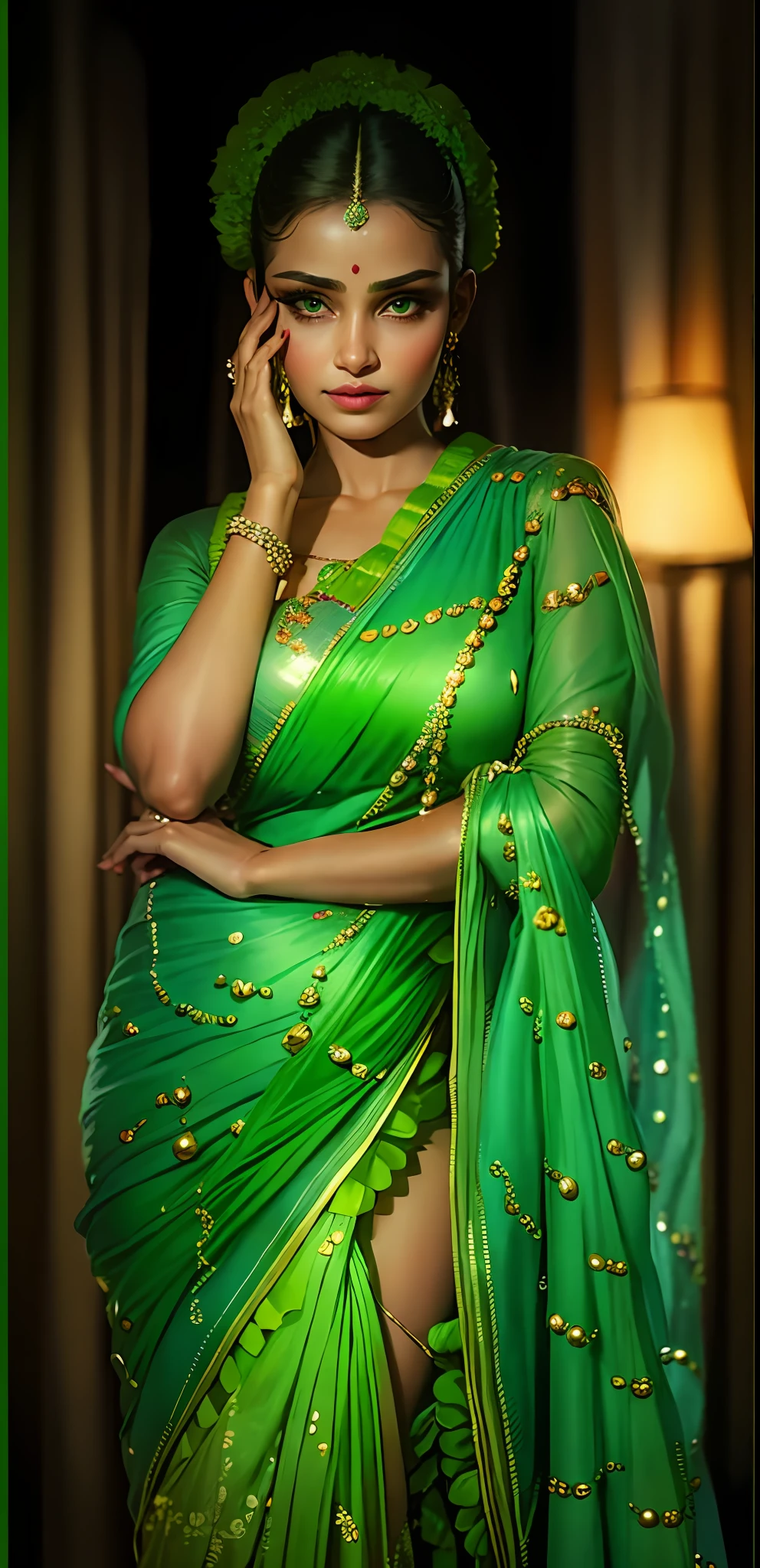 arafed woman in a green sari talking on a cell phone, dressed in a sari, draped in fleshy green and pink, pastel green, very beautiful enga style, draped in crystals, with a thin waist, wearing a sari, green sparkles, with fluent cloths, green clothes, with sparkling gems on top, green colored skin!!, with lovely look