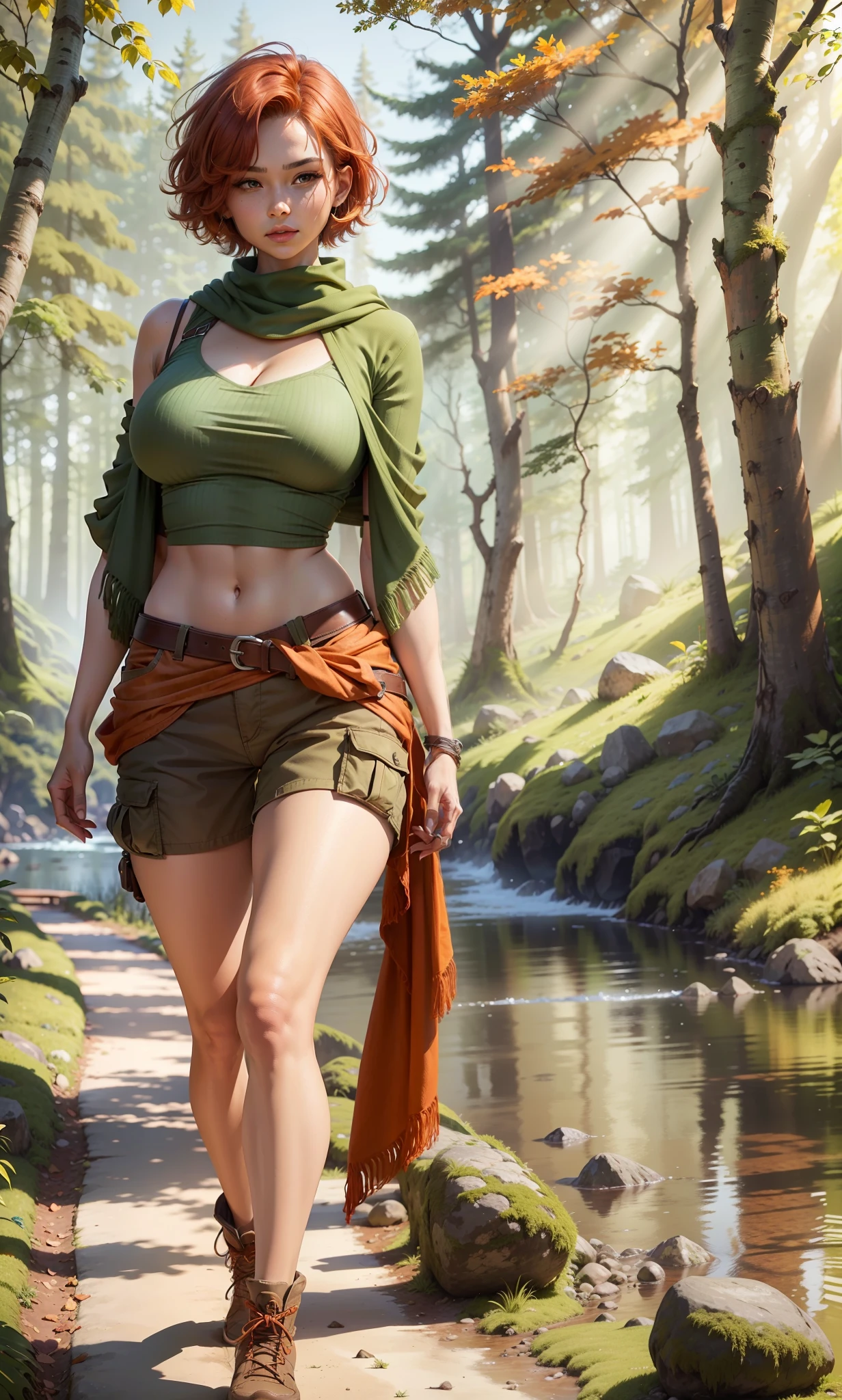 16k, UHD, Hyperrealistic, High detail, best quality, beautiful woman with short rust colored hair, short orange cargo shorts, forest green shawl, green hiking boots, walking in the woods, no clothing above waist except for the shawl, sexy, exposed torso, large boobs, wide hips, thin waist