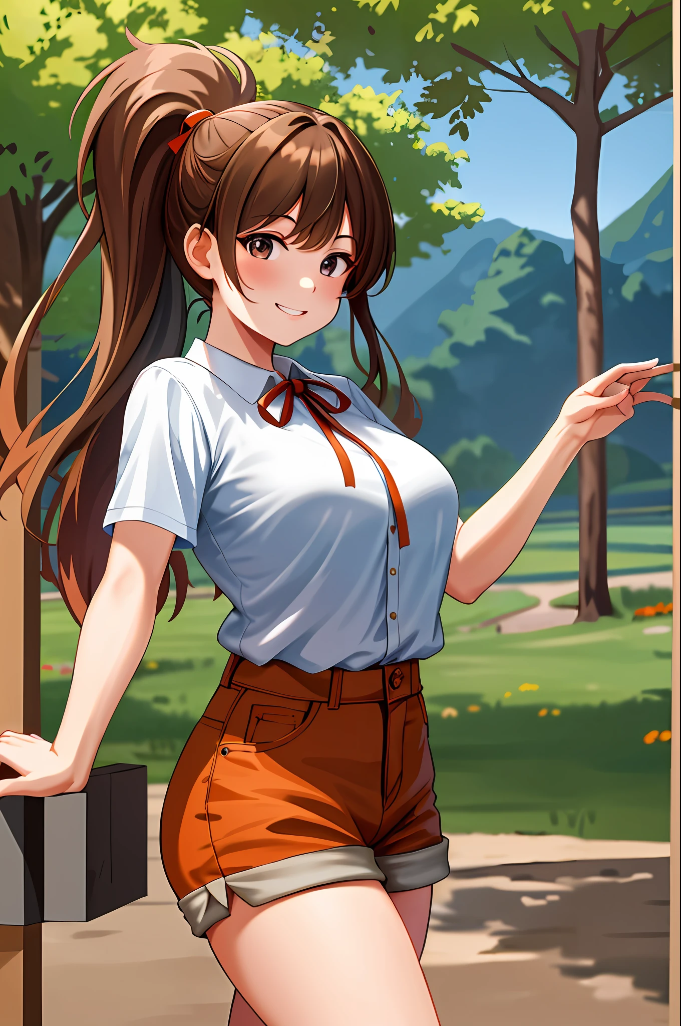 masterpiece, best quality, highres, chi1, 1girl, long hair, ponytail, one side up, solo, brown jean shorts, red ribbon, orange sleeveless shirt, bangs, neck ribbon, swollen short sleeves, cowboy shot, outdoor, smile, ladder, tree, construction, brown hair, blue eye,gigantic breasts