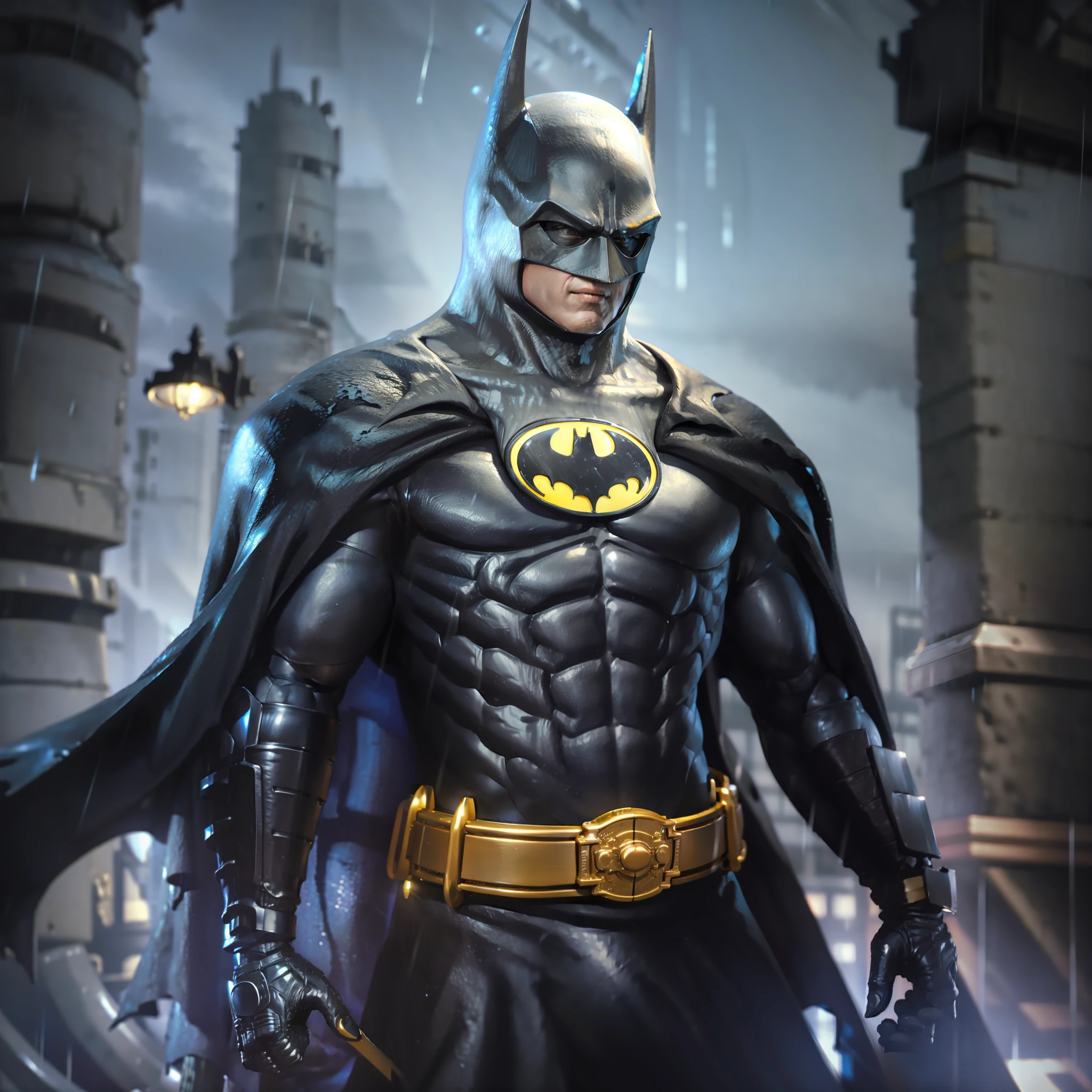 Batman in armor in the city and night raining super realistic and well detailed