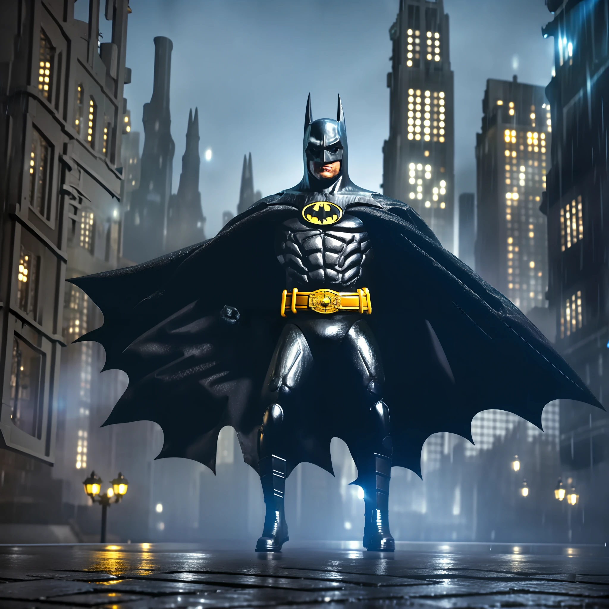 Batman in armor in the city and night raining super realistic and well detailed