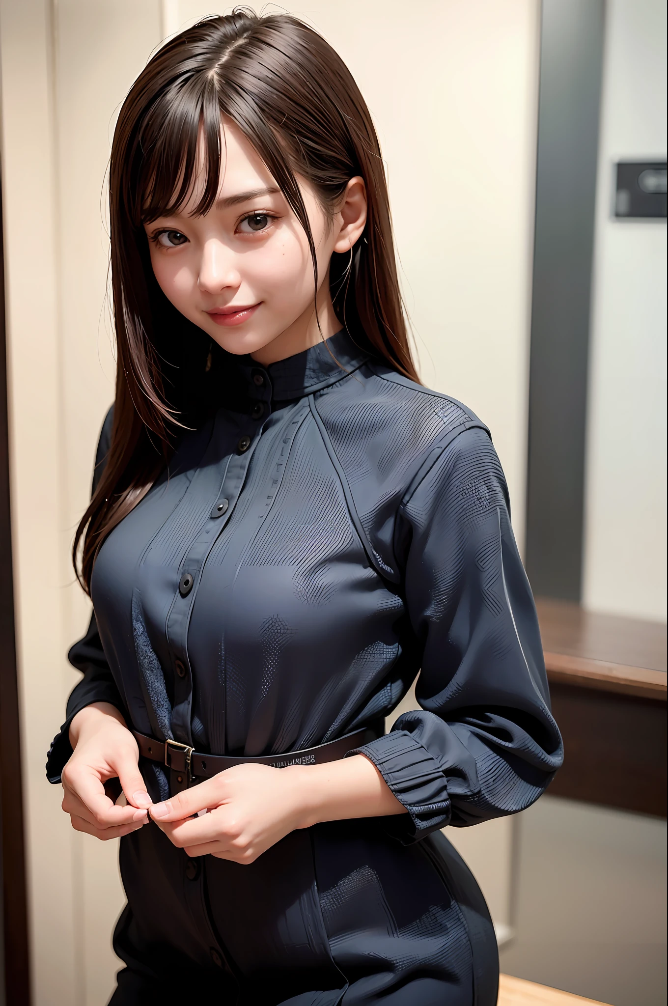 Masterpiece, 1 Beautiful Girl, Detailed, Swollen Eyes, Top Quality, Ultra High Resolution, (Reality: 1.4), Original Photo, 1Girl, Cinematic Lighting, Smiling, Japanese, Asian Beauty, Korean, Clean, Super Beautiful, Little Young Face, Beautiful Skin, Slender, Cyberpunk Background, (ultra realistic), (high resolution), (8K), (very detailed), (best illustration), (beautifully detailed eyes), (super detailed), (wallpaper), (detailed face), viewer looking, fine detail, detailed face, pureerosfaceace_v1, smiling, 46 point slanted bangs, looking straight ahead, neat clothing, dark colored eyes, clothing (fashionable, plain, folded collar, irregular, shirt feel, date dress), body facing front,