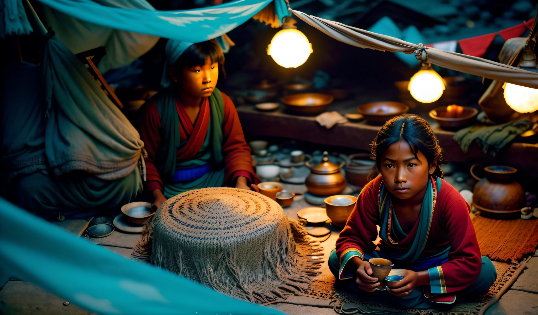 masterpiece, high quality, solo focus, Himalayan people, high angle, realistic beggars, whole body, night, kodak portra 400 camera f1.6 lens rich colors hyper realistic texture dramatic lighting unreal engine trend on artstation cinestill 800 --auto --s2