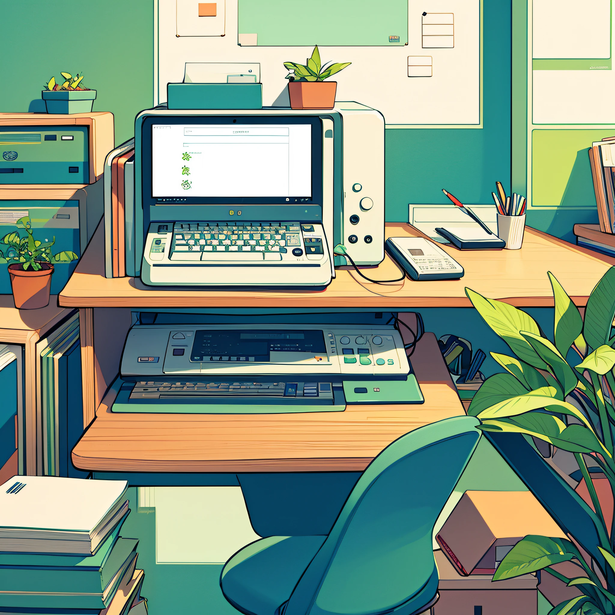 1gril,plant,
Slight retro color, flat, grainy, riso print style, illustration, cute, white space, low saturation, office desk