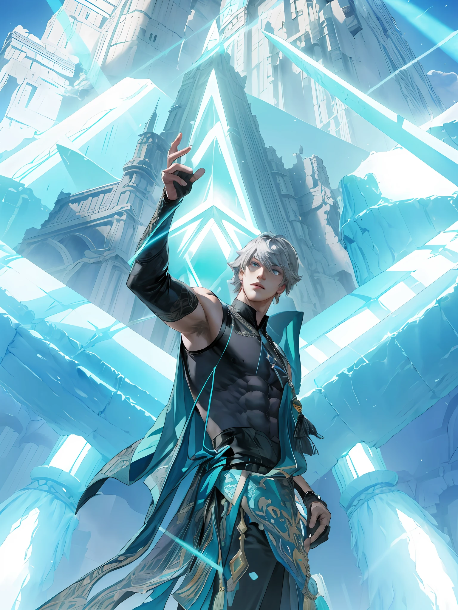 extremely delicate and beautiful, Amazing, finely detail, masterpiece, ultra-detailed, highres,best illustration, best shadow,intricate,sharp focus, high quality, 1 male solo, mature, handsome, tall muscular guy, broad shoulders, grey hair. dark teal eyes, alhaitham genshin impact, black sleeveless top, separate black sleeves, dark pants, long fingerless gloves, in the desert ruins, pyramids, neon blue lights, sci-fi neon effects