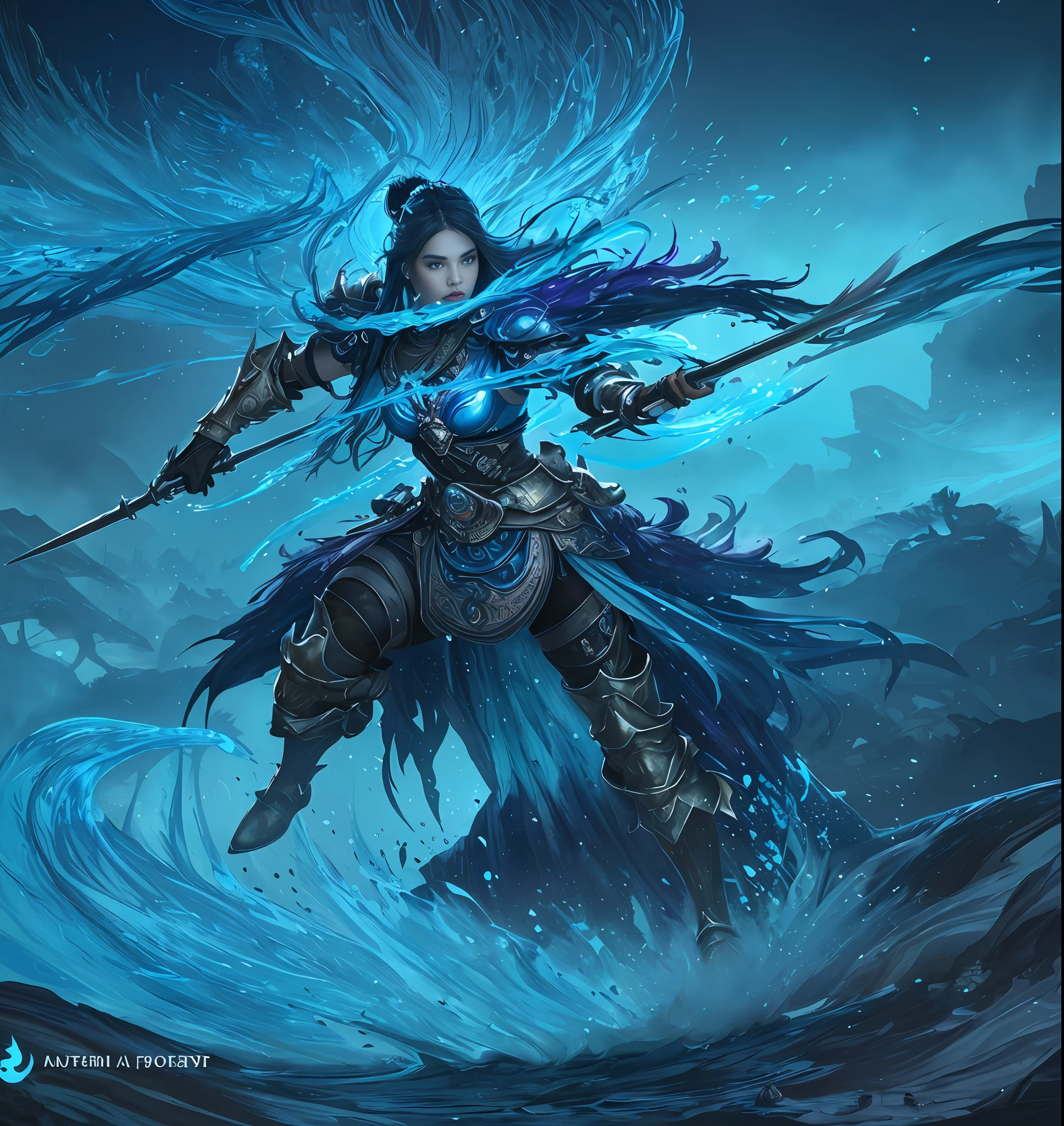 warrior, full body, sapphire crystal armor, blue skin, straight navy blue hair, oriental face features, water Coke Cole goddess Splash Art , Espresso In Glass Cup , Surrealistic, Epic, Artstation, Splash Style Of Colorful Paint, Splash Swirling Dripping Melting , Several Coffee Beans, Contour, Hyperdetailed Intricately Detailed , Fantasy, Unreal Engine, Fantastical, Intricate Detail, Splash Screen, Complementary Colors, Fantasy Concept Art, 8k Resolution, Deviantart Masterpiece, Oil Painting, Heavy Strokes, Paint Dripping, Splash Arts, Neon Ambiance particles, realistic, ultra-detailed