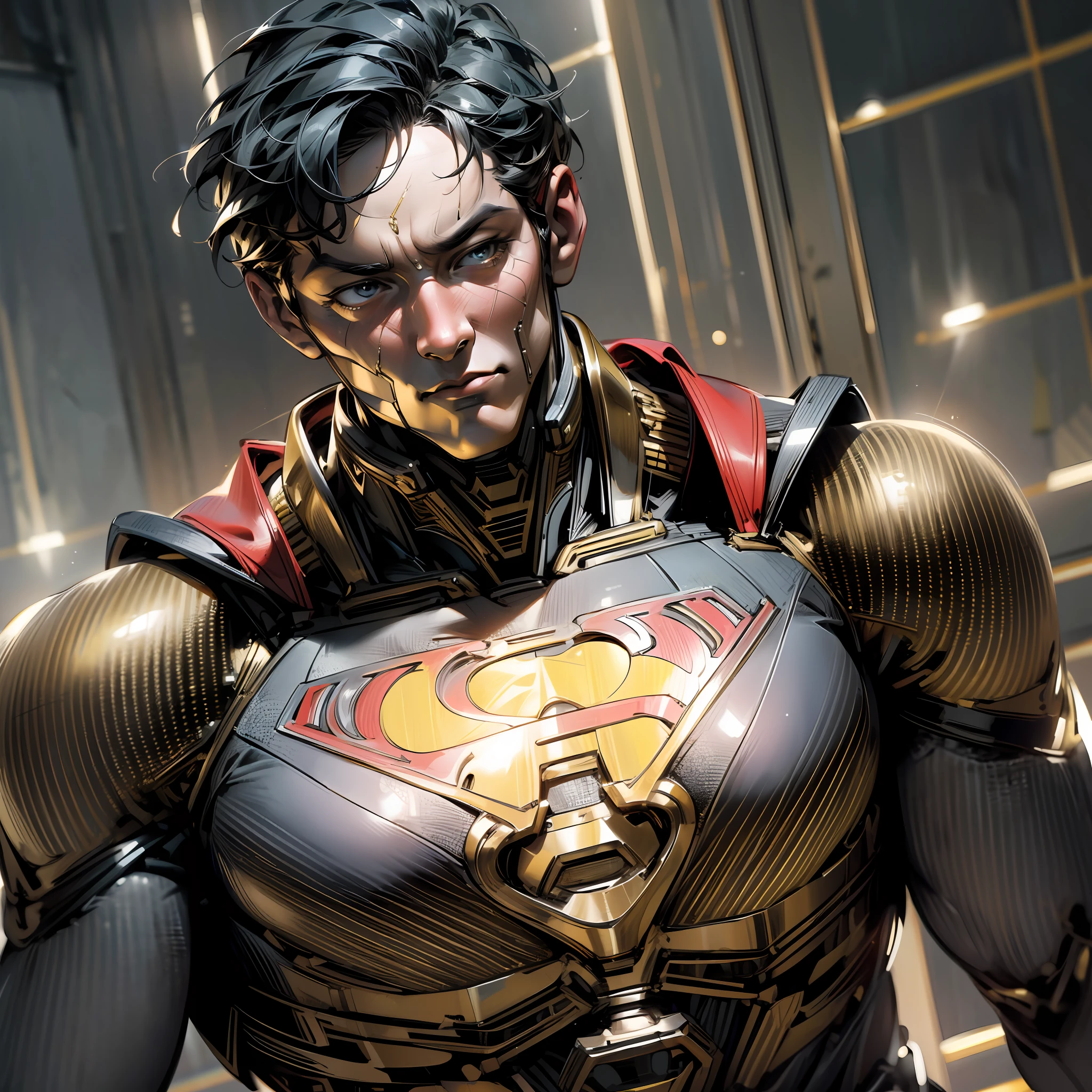 Masterpiece, ultra realistic, superman, man, uniform in gold colors with black details, studio lighting, 4k, ultra realistic, fully detailed, photo realistic --auto --s2