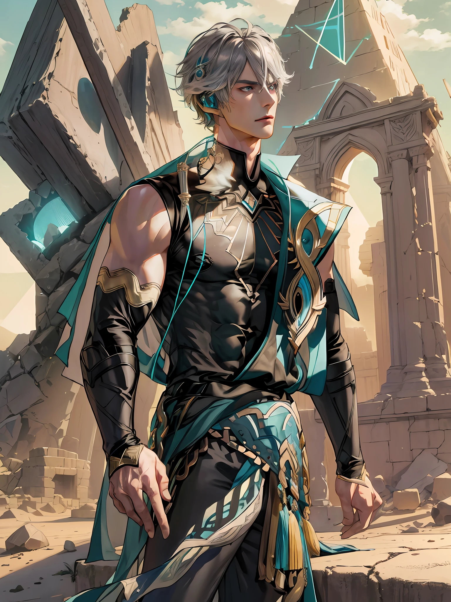 extremely delicate and beautiful, Amazing, finely detail, masterpiece, ultra-detailed, highres,best illustration, best shadow,intricate,sharp focus, high quality, 1 male solo, mature, handsome, tall muscular guy, broad shoulders, grey hair. dark teal eyes, alhaitham genshin impact, black sleeveless top, separate black sleeves, dark pants, long fingerless gloves, in the desert ruins, pyramids, neon blue lights