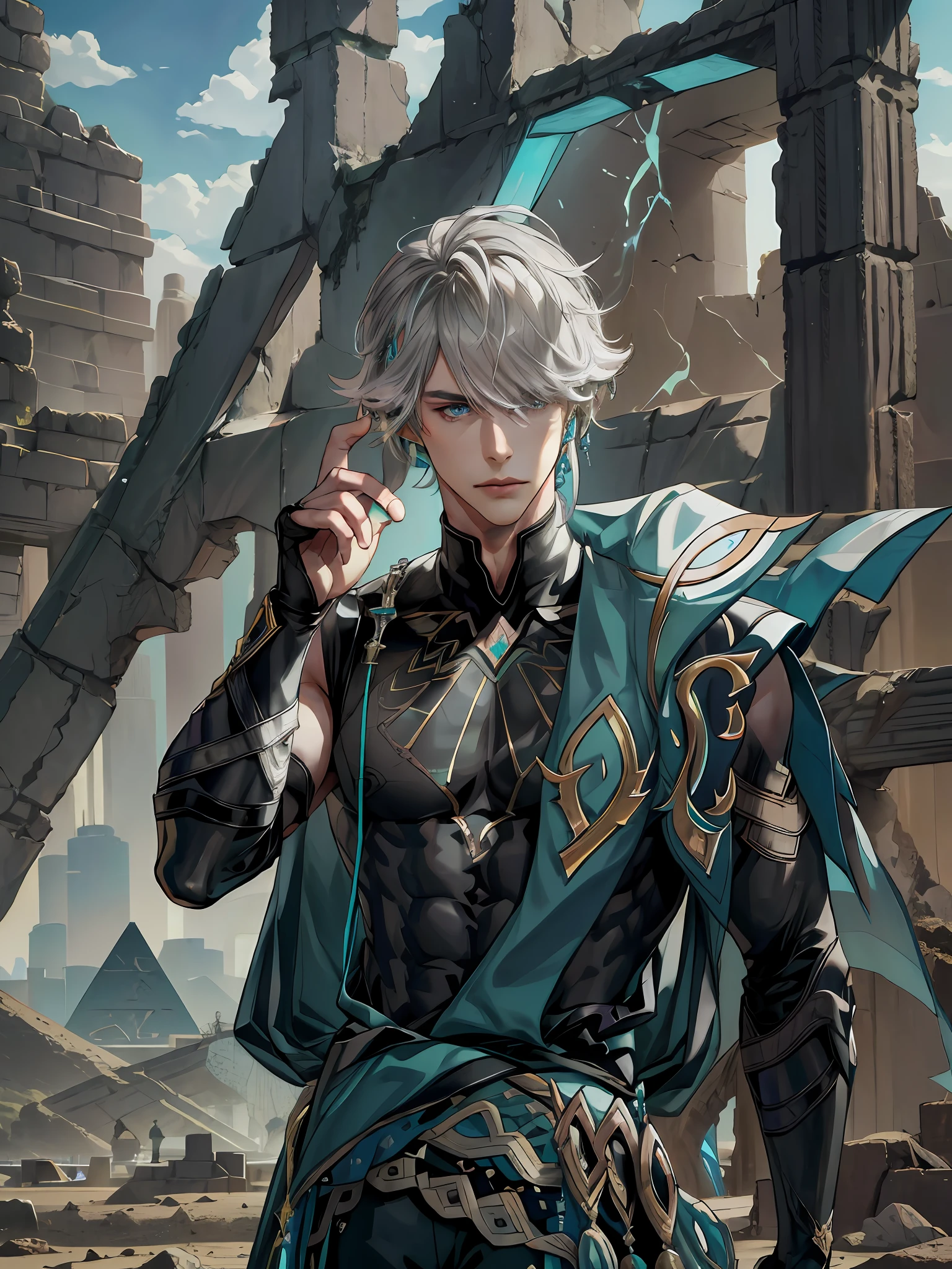 extremely delicate and beautiful, Amazing, finely detail, masterpiece, ultra-detailed, highres,best illustration, best shadow,intricate,sharp focus, high quality, 1 male solo, mature, handsome, tall muscular guy, broad shoulders, grey hair. dark teal eyes, alhaitham genshin impact, black sleeveless top, separate black sleeves, dark pants, long fingerless gloves, in the desert ruins, pyramids, neon blue lights