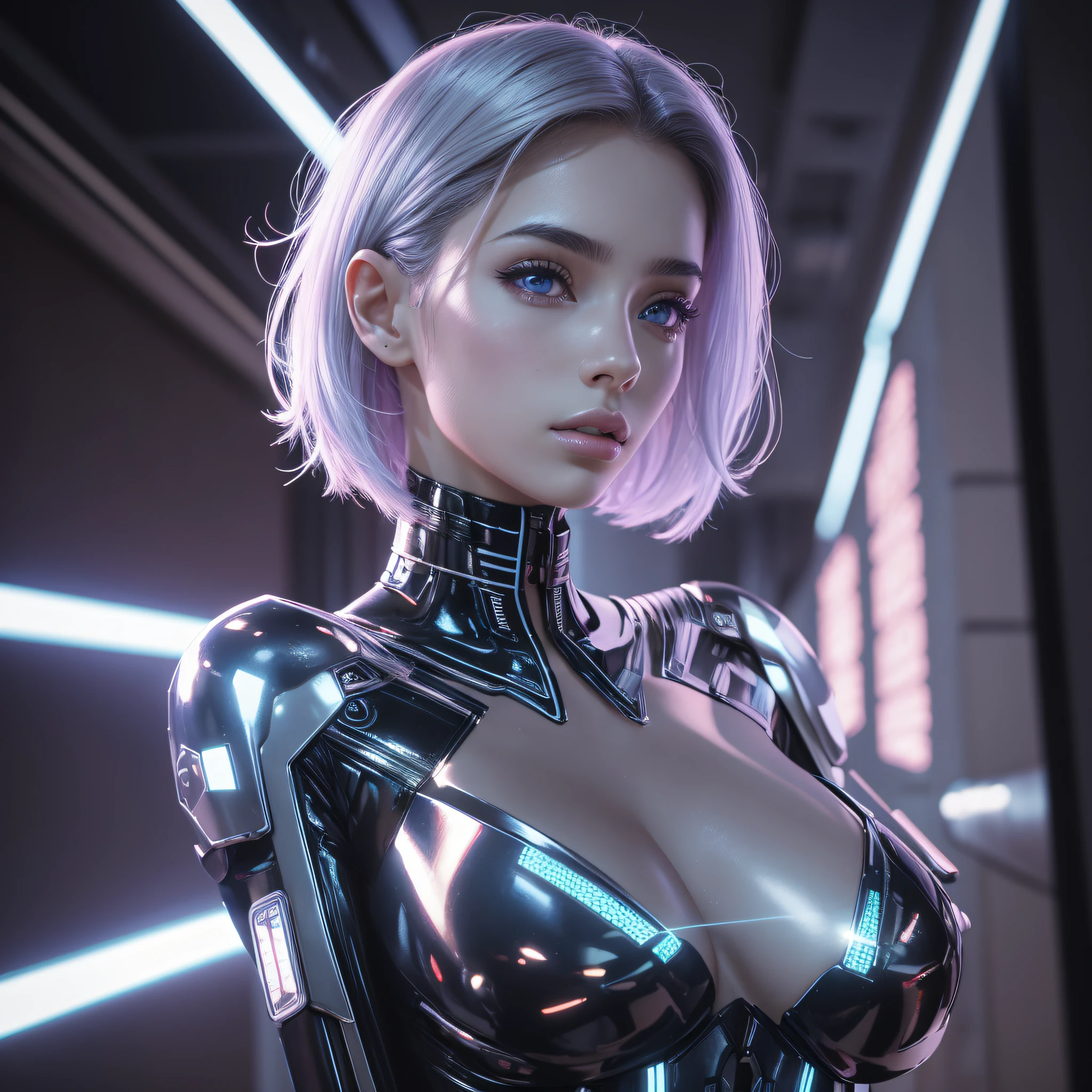 masterpiece, ethereal beauty, ethereal, cyberpunk, ultra realistic, woman 38 years, Like a Yael Shelbia, 3d, 3d rendering, porcelain, latex, Best quality, human anatomy, real hair, short hair, asymmetrical cut hair, moving hair, huge breasts, human anatomy, posing for photo, translucent, (ethereal, dreamlike), formidable, 8k wallpaper, --auto --s2