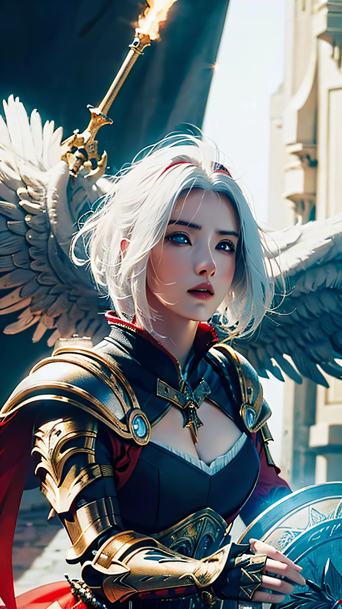Official Art, Unity 8k Wallpaper, Ultra Detail, Masterpiece, Best Quality, One Woman, (Very Detail), Dynamic Angle, Mystical Expression, Fire Glowing Effect, Fantasy Background, Rim Lighting, Side Light, Cinematic Light, Ultra High Definition, 8k UHD, Film Grain,Best Shadow, Delicate, RAW, Light Particles, Detailed Skin Texture, Detailed Gem Armor Texture, Detailed Face, Complex detail, super detailed, bright, strong, red armor, cleavage, holding glowing weapons, holding a shield, pole dron, (((white hair)), shining brown eyes, long blue cloak, fantasy, (realistic),
