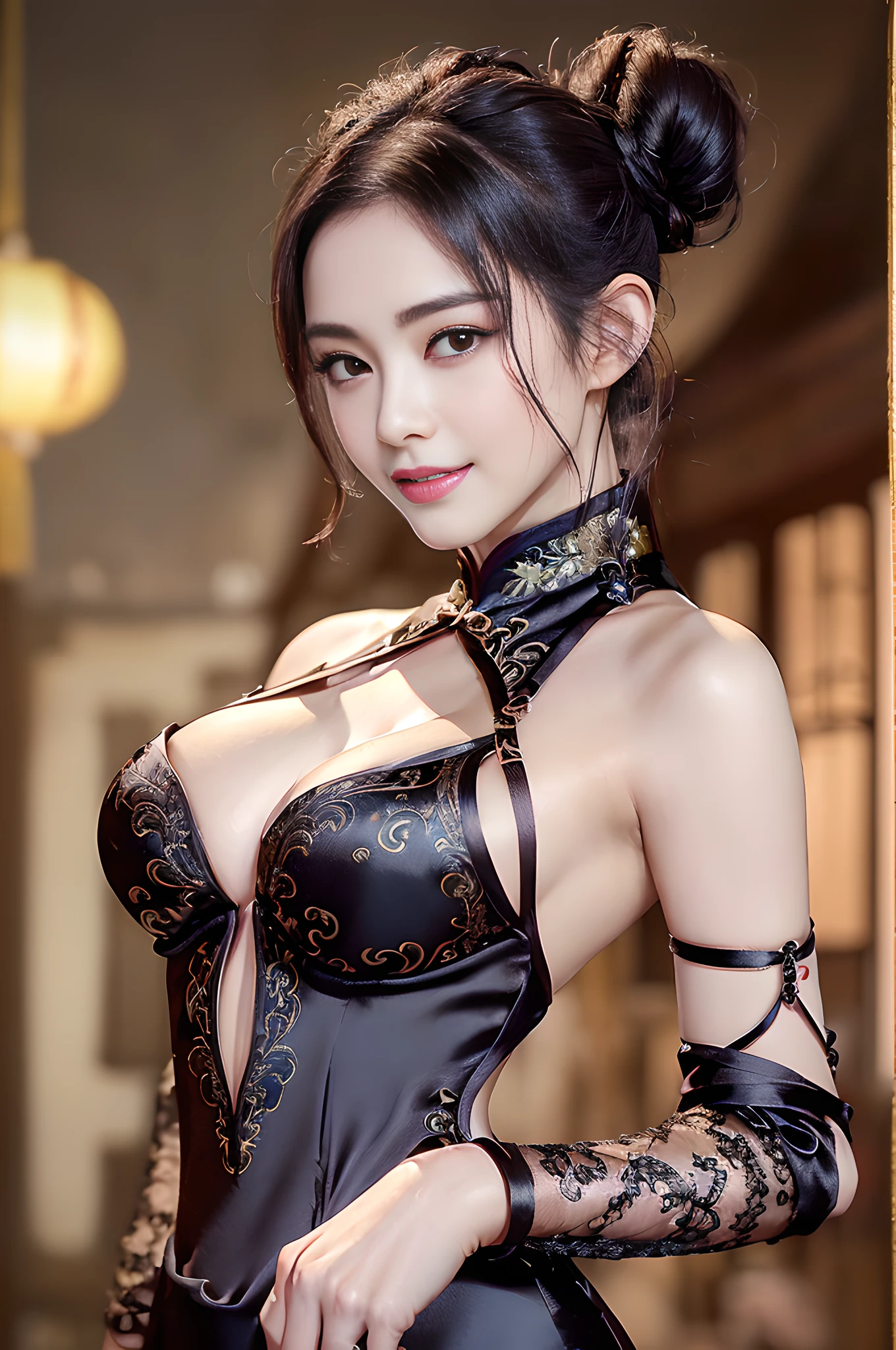 ((Best Quality, 8K, Masterpiece: 1.3)), cowboy shot, extremely Cute Beautiful Woman, 1 Girl, (Beautiful Breasts:1.3), (Abs, Slender Figure: 1.1), Sharp Focus, (((Intricate Details)), High Detail, Upper Body, One Girl, Black twin-buns Hair with bangs, (luxurysatin cleavage cut-out evening Chinese dress:1.5), lace, detailed evening dress, 8K, 8K Resolution, clean detailed face, Detailed Body, Detailed Clothes, Sharp Images, hyper-sharp image, Japan Anime Concept Art, trending on Artstation, ((looking the viewer, facing the viewer, staring the viewer:1.3)), seductive sexy pose, ((seductive smile, light smile:1.25)), pink lipstick, bokeh, field of depth, 8.5 life size, 8k resolution, (shot on EOS 5D Mark IV, 35mm lens, f1.8), (ancient Chinese Street Background, no-human simple background, detailed background), ((frame the head:1.3), detailed human hands, perfect human hands, perfect anatomy, perfect proportion, ultra-sharp focus,