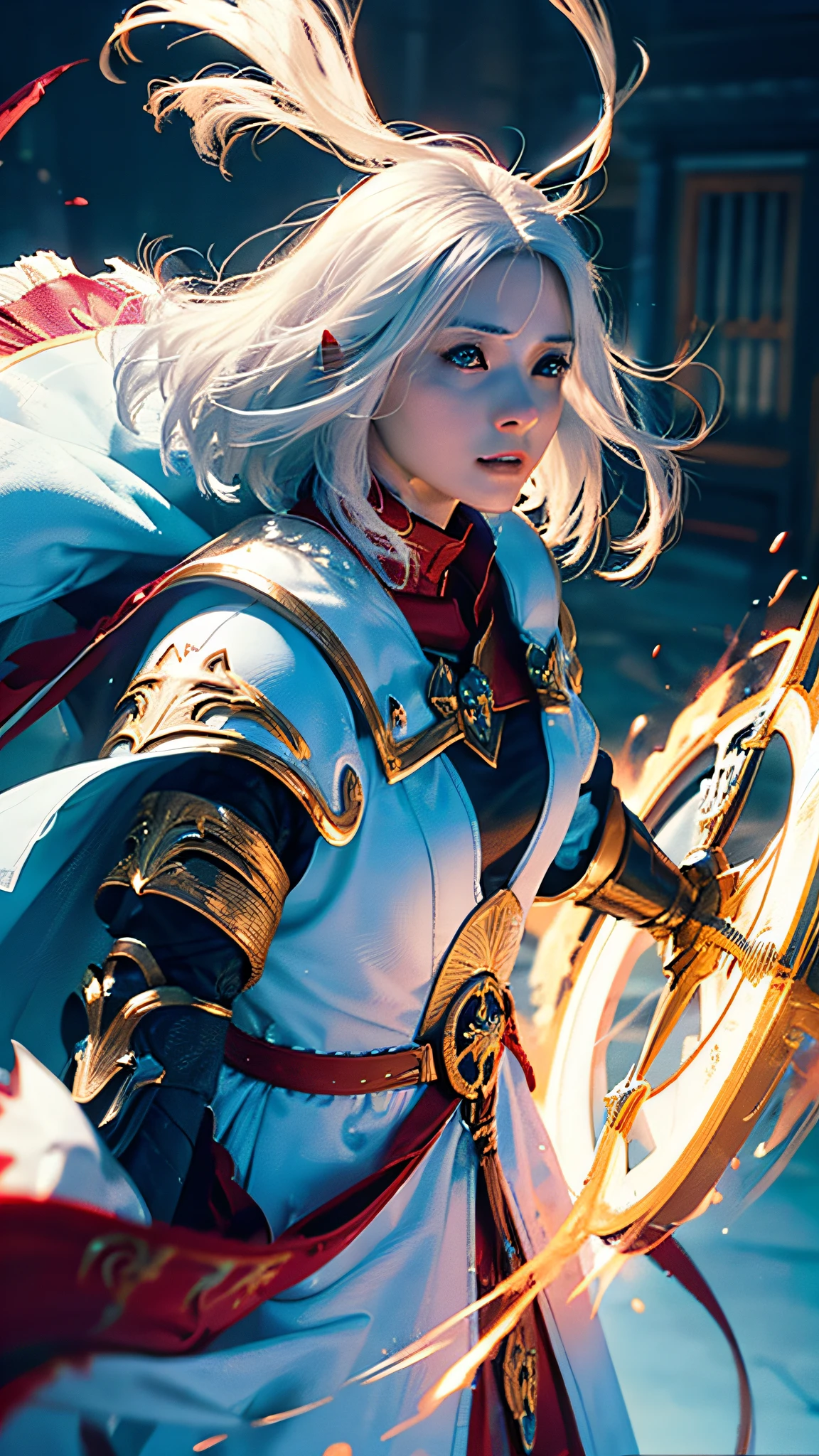 Official Art, Unity 8k Wallpaper, Ultra Detail, Masterpiece, Best Quality, One Woman, (Very Detail), Dynamic Angle, Mystical Expression, Fire Glowing Effect, Fantasy Background, Rim Lighting, Side Light, Cinematic Light, Ultra High Definition, 8k UHD, Film Grain,Best Shadow, Delicate, RAW, Light Particles, Detailed Skin Texture, Detailed Gem Armor Texture, Detailed Face, Complex detail, super detailed, bright, strong, red armor, cleavage, holding glowing weapons, holding a shield, pole dron, (((white hair)), shining brown eyes, long blue cloak, fantasy, (realistic),