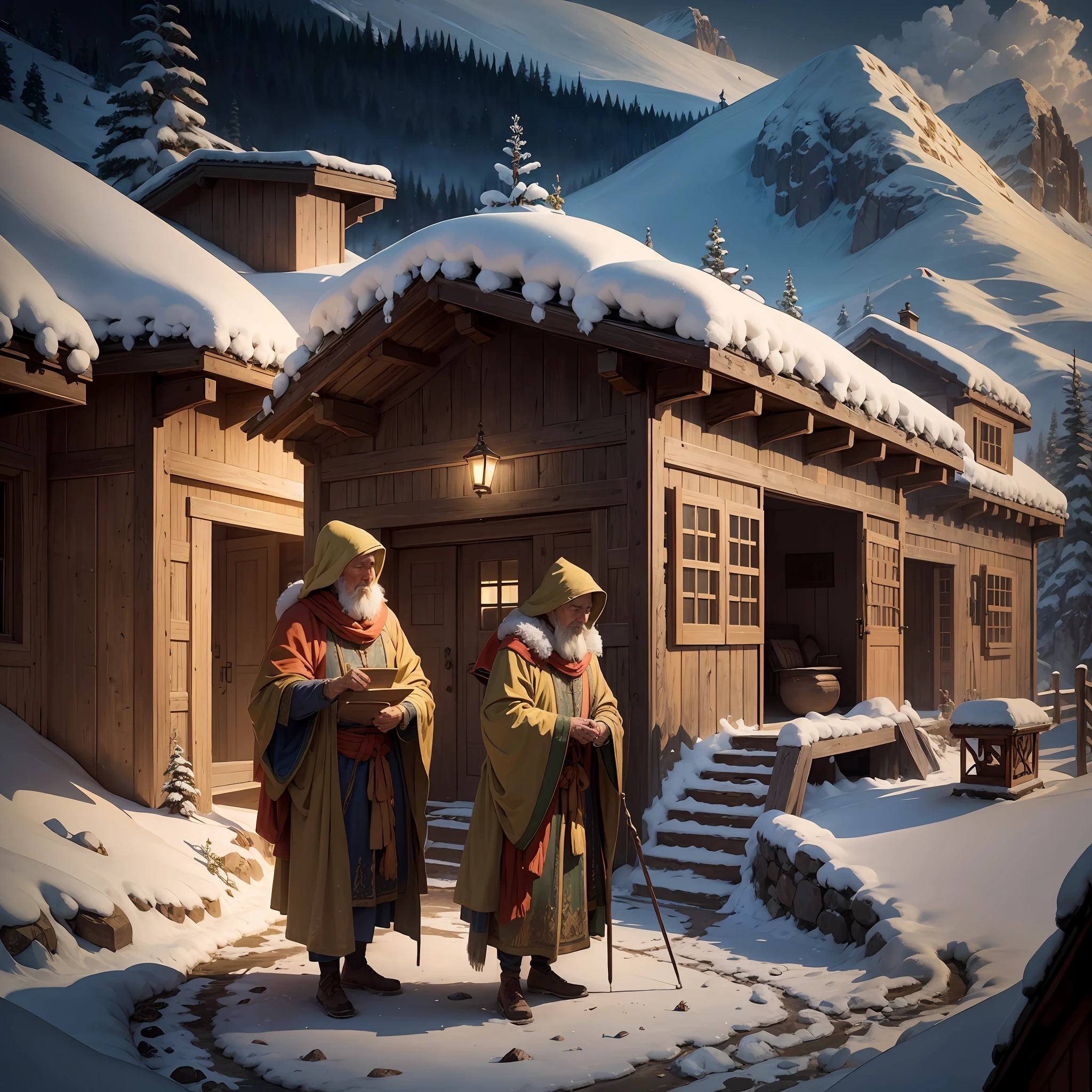 Show wise men living in their homes in the mountains.