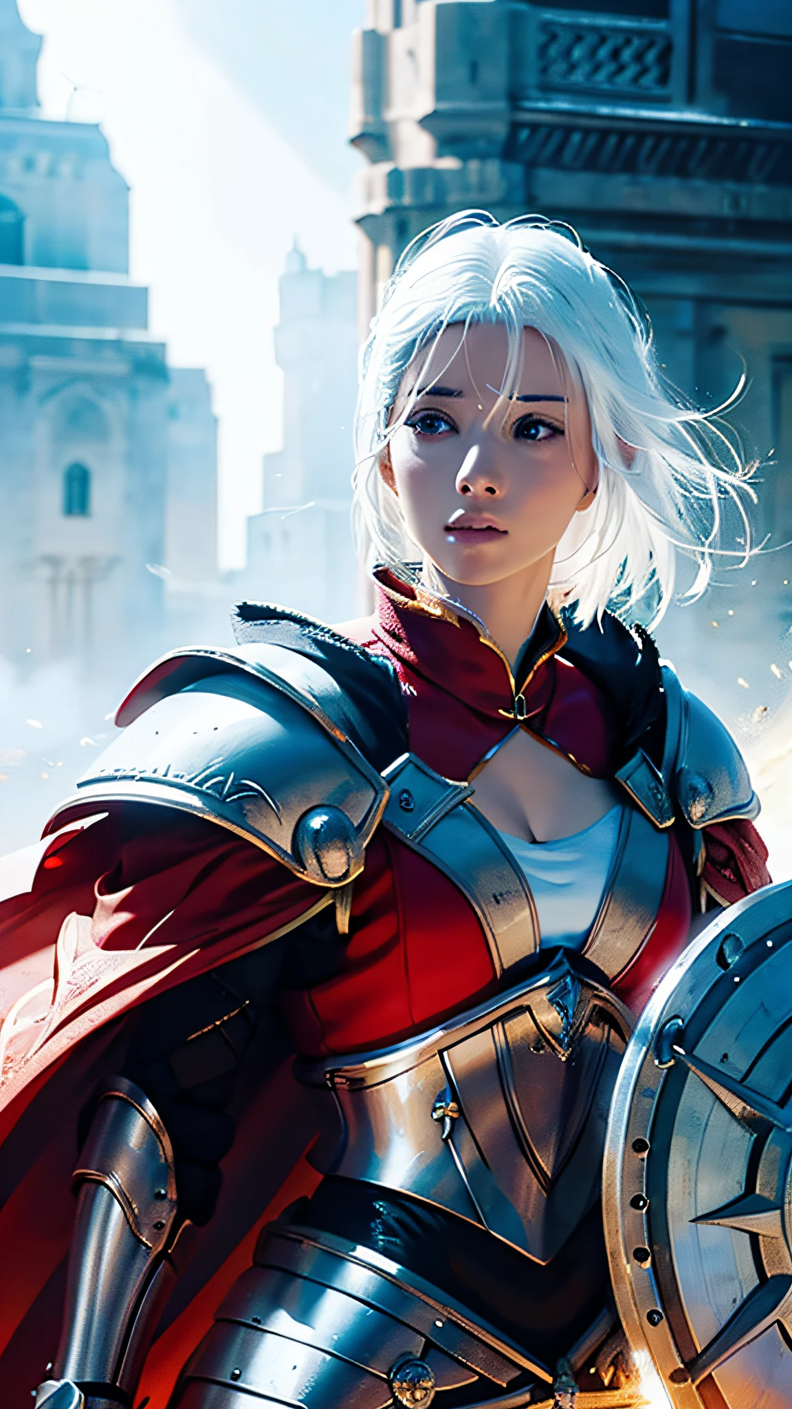 Official Art, Unity 8k Wallpaper, Ultra Detail, Masterpiece, Best Quality, One Woman, (Very Detail), Dynamic Angle, Mystical Expression, Fire Glowing Effect, Fantasy Background, Rim Lighting, Side Light, Cinematic Light, Ultra High Definition, 8k UHD, Film Grain,Best Shadow, Delicate, RAW, Light Particles, Detailed Skin Texture, Detailed Gem Armor Texture, Detailed Face, Complex detail, super detailed, bright, strong, red armor, cleavage, holding glowing weapons, holding a shield, pole dron, (((white hair)), shining brown eyes, long blue cloak, fantasy, (realistic),