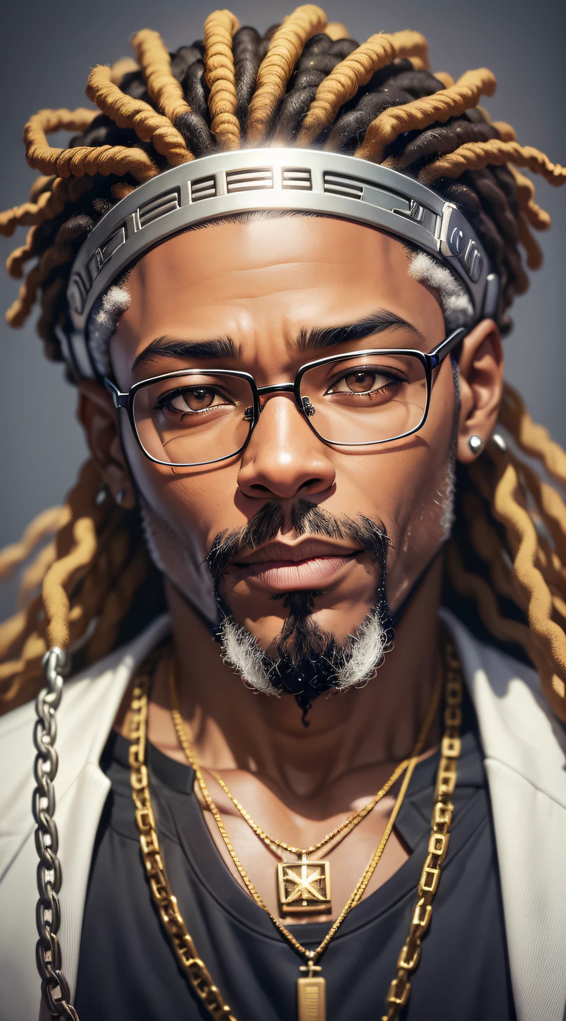 a black man in dreadlocks and in rapper clothes looking forward with glasses, goatee and gray beard, thin medium face, brown eyes and a chain with a hexagram pendant with his arms lowered presenting a TV news show with his chin raised, no earring and his face appearing to be about 30 inside a recording studio with headset in his ear --auto --s2