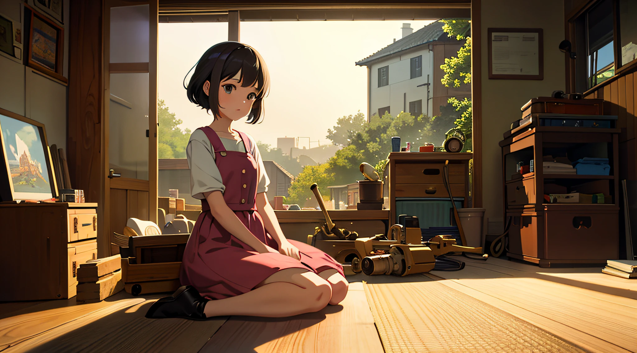 Masterpiece: 1.4, highest quality, highest quality, official art, beautiful and aesthetic, animation, busy scene of small machine town surrounded by small machines and tools, girl sitting in her room, repairing something, curiosity and love of invention. Ultra High Quality: 1.4, Delicate Touch, 4K, Ghibli.