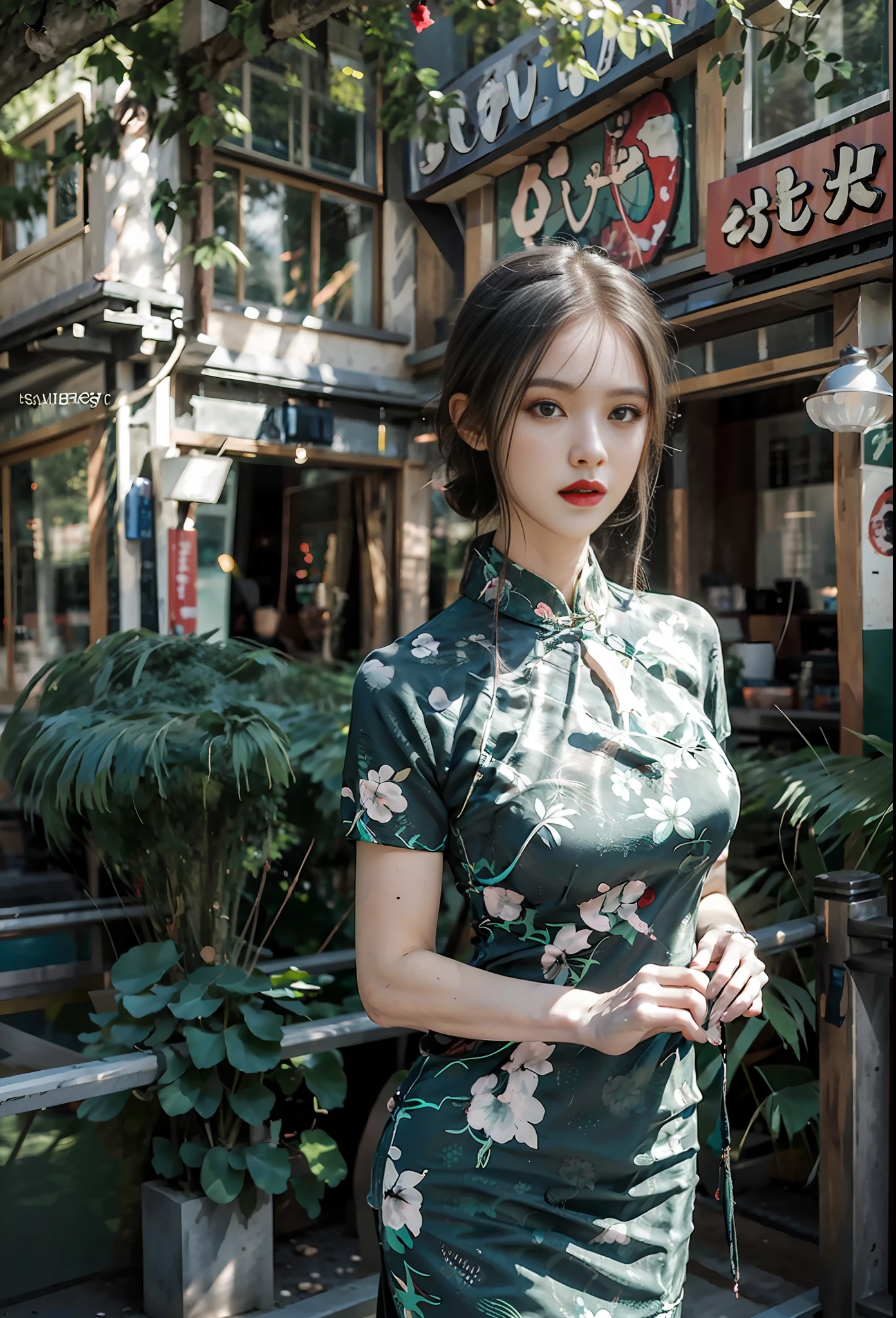 (green printed china dress),1 girl, (arms behind back:1.1),(realistic:1.7),((best quality)),absurdres,(ultra high res),(photorealistic:1.6),photorealistic,octane render,(hyperrealistic:1.2), (photorealistic face:1.2), (8k), (4k), (Masterpiece),(realistic skin texture), (illustration, cinematic lighting,wallpaper),( beautiful eyes:1.2),((((perfect face)))),(cute),(standing),(black hair),black eyes,red lips, (outdoors),