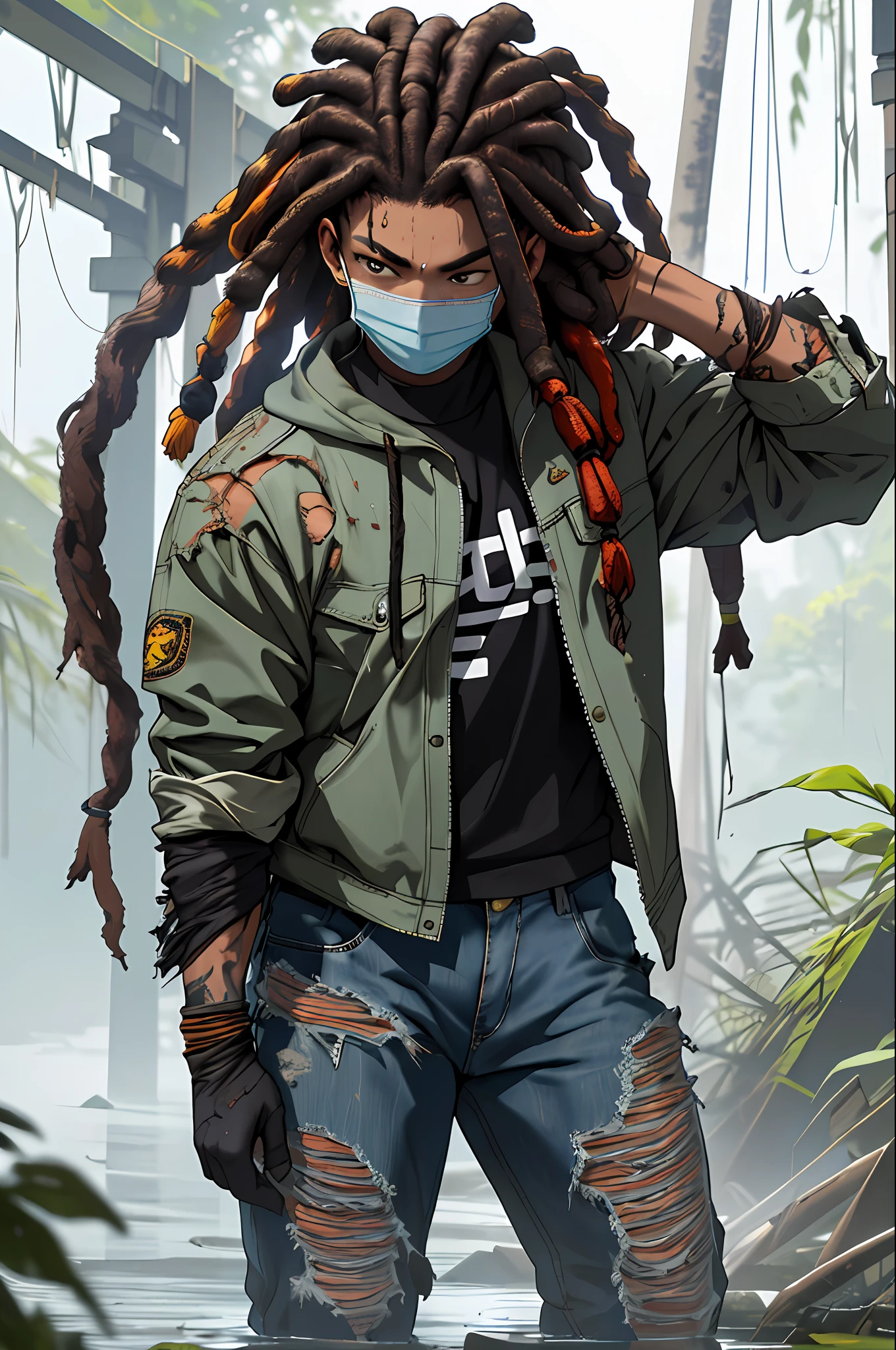 Best picture quality, masterpiece, super high resolution, (Accuracy: 1.4), Photo, woman, (Predator mask), alien warrior Predator, cheekiness, passion, (beautiful figure), (graceful mask), dreadlocks, beautiful body, Film, (Torn clothes: 1.5), (Wet clothes: 1.4)