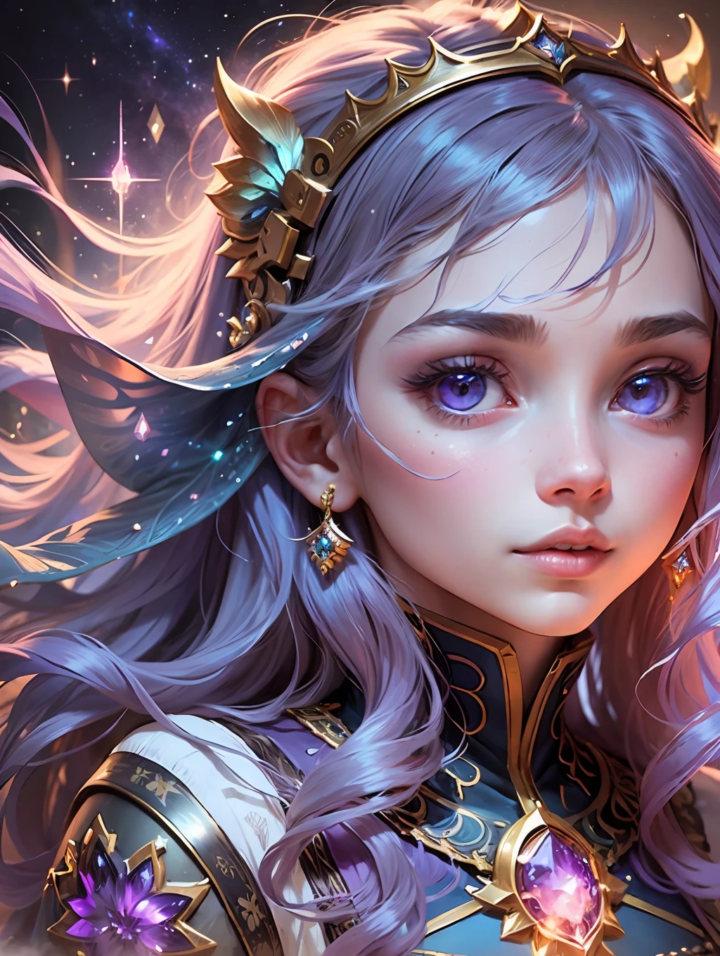 Background: A mystical and quantum setting, with cosmic elements and an ethereal atmosphere that mixes bright lights and colorful nebulae. Theme: A mysterious girl with a magical aura. She has long, wavy hair in a vibrant color, highlighted by shiny locks. His eyes are deep and expressive, reflecting the universe. She wears a flowing dress in shades of purple and blue, with intricate details and mystical textures. Color Palette: A combination of mystical tones such as cosmic purple, sky blue, soft pink and touches of gold. To create contrast, add a deep, dark color, such as a deep purple or night blue. Aesthetics: The aesthetic combines elements of Mistycore, with its mysterious and ethereal atmosphere, and Crystalcore, with its crystalline and glittering details. The girl exudes a magical energy and her presence is enveloping and enchanting. Overlay: Maintain an overlay with subtle glow effects and twinkling lights around the girl, Overlay: Add a soft glow effect around the girl and crystals, as if emanating a magical aura. Also, add small details of twinkling lights to enhance the ethereal atmosphere. --auto --s2