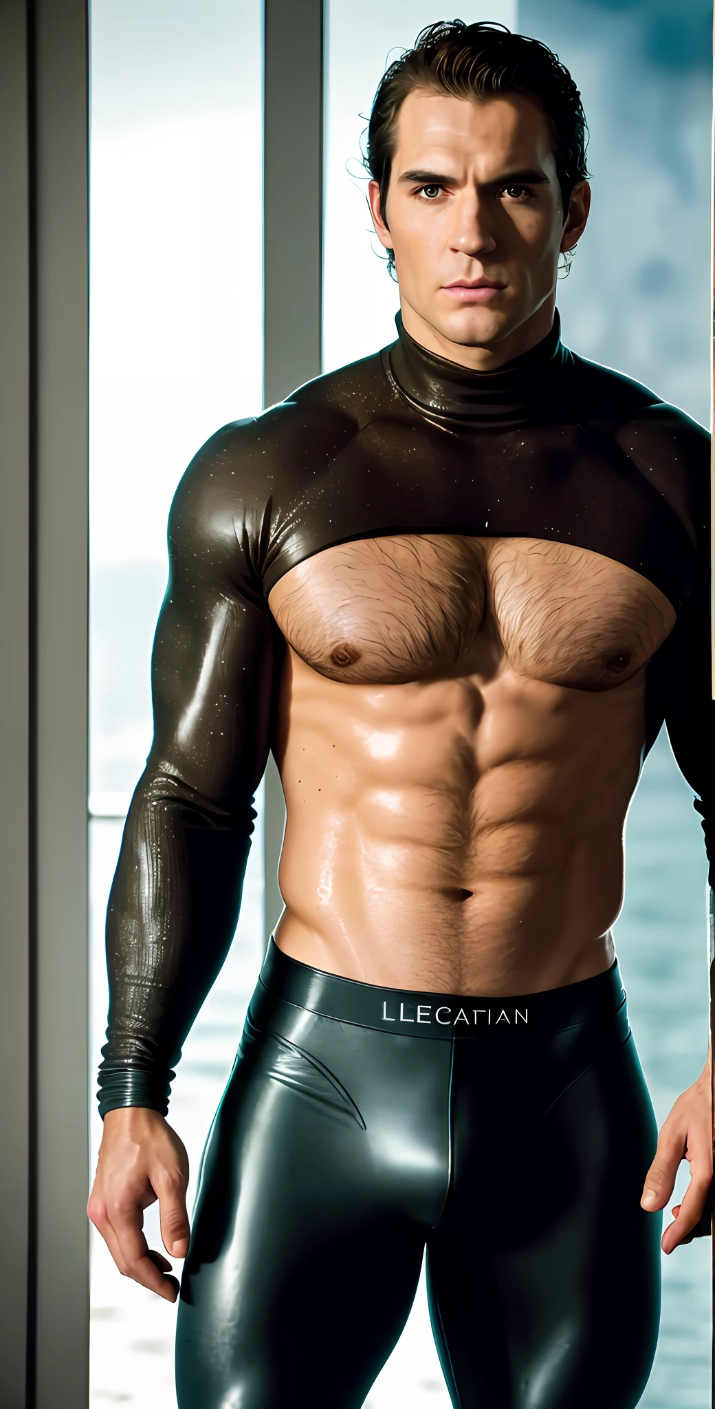 Cinematic film still from james bond, full body, of (("Henry Cavill")), (light skin), looking at viewer, (wearing skintight (turtleneck sweater), (uniform trousers)), (covered, seductive look, toned abs, hard, ((detailed facial features)), alluring brown eyes, (wet clothes),(wet, detailed skin), long wavy hair, (ocean base:1.2), damp, moist, intricate details, shallow depth of field, cinematic lighting, reflections, photographed on a Leica 10772 M-P, 50mm lens, F/2.8, HDR, 8k resolution