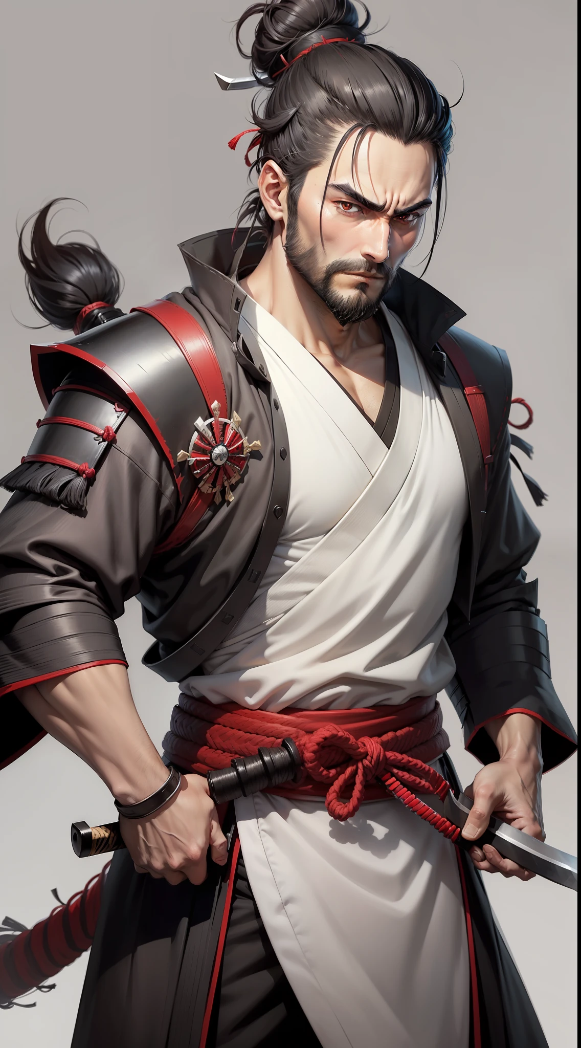 A man of 30, black hair (samurai bun) red eyes, square chin and thin beard, his clothes are gray and white, he is quite playful (his decisions are not that of a cerium guy!), carries a katana with him.anime character