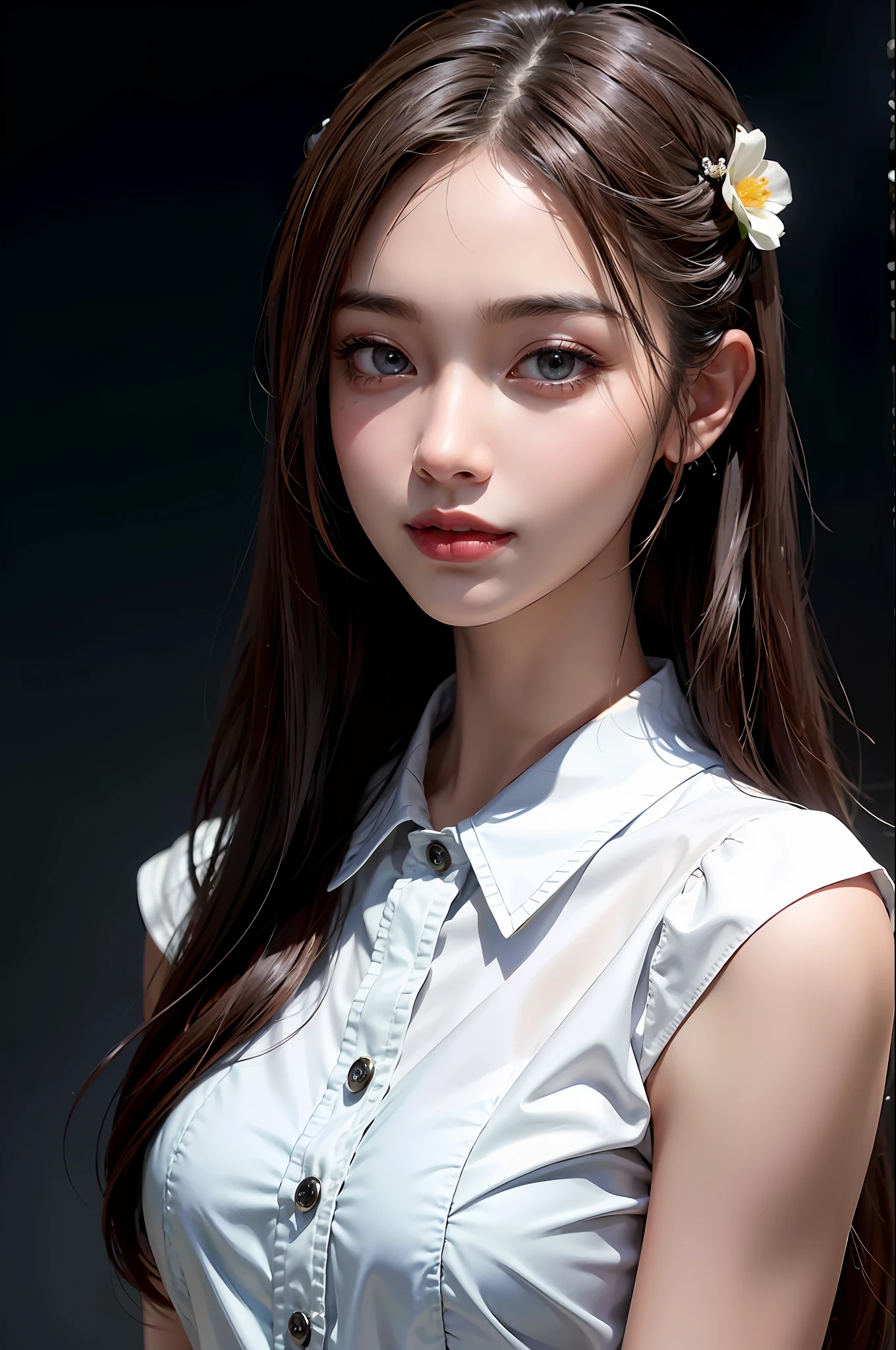 Masterpiece, 1 Beautiful Girl, Detailed, Swollen Eyes, Top Quality, Ultra High Resolution, (Reality: 1.4), Original Photo, 1Girl, Cinematic Lighting, Smiling, Japanese, Asian Beauty, Korean, Clean, Super Beautiful, Little Young Face, Beautiful Skin, Slender, Cyberpunk Background, (ultra realistic), (high resolution), (8K), (very detailed), (best illustration), (beautifully detailed eyes), (super detailed), (wallpaper), (detailed face), viewer looking, fine detail, detailed face, pureerosfaceace_v1, smiling, 46 point slanted bangs, looking straight ahead, neat clothing, dark colored eyes, clothing (fashionable, plain, folded collar, irregular, shirt feel, date dress), body facing front,