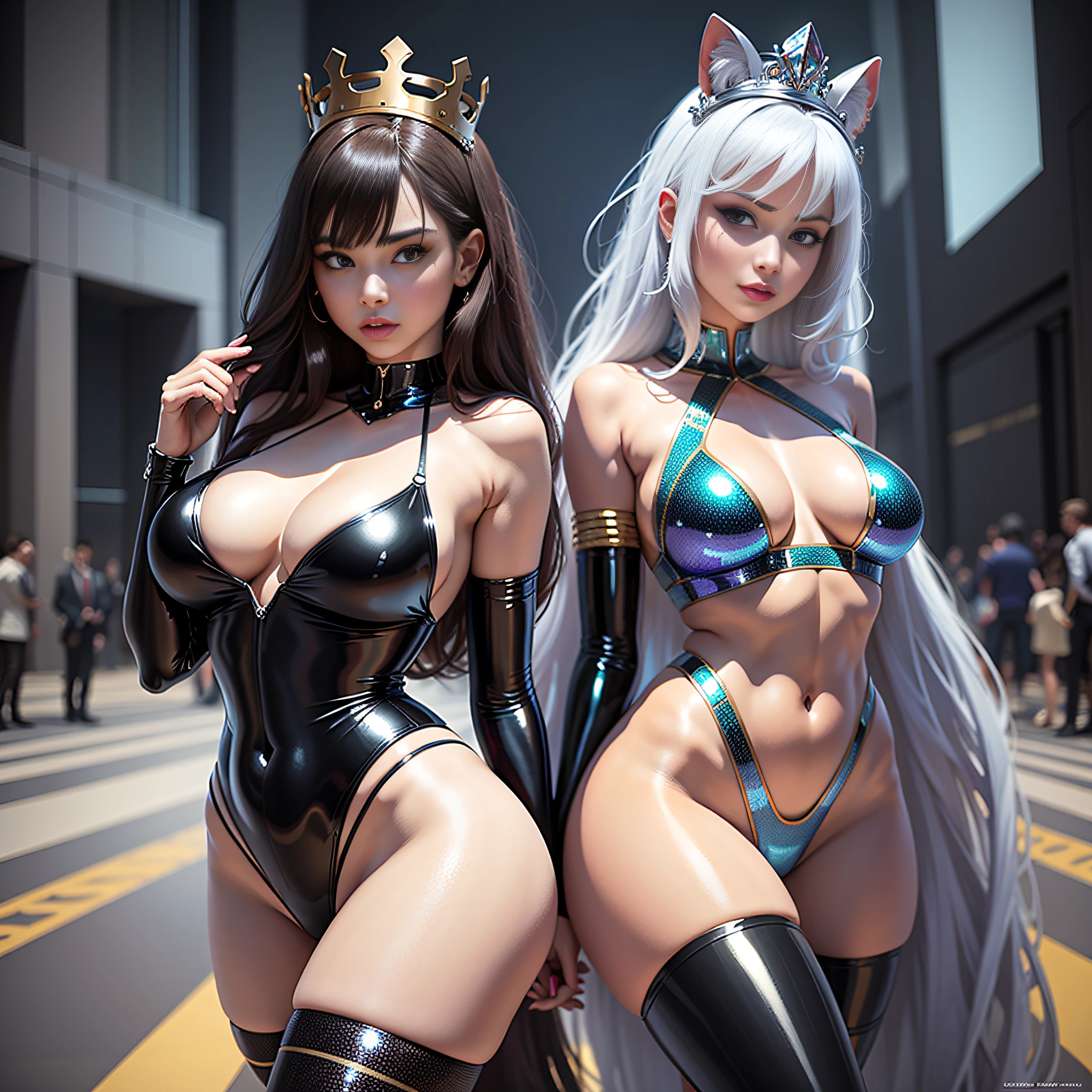 Queen duo of unknown worlds, unparalleled beauty duo, sexy limbs, super bikinis, latex, glittering costumes