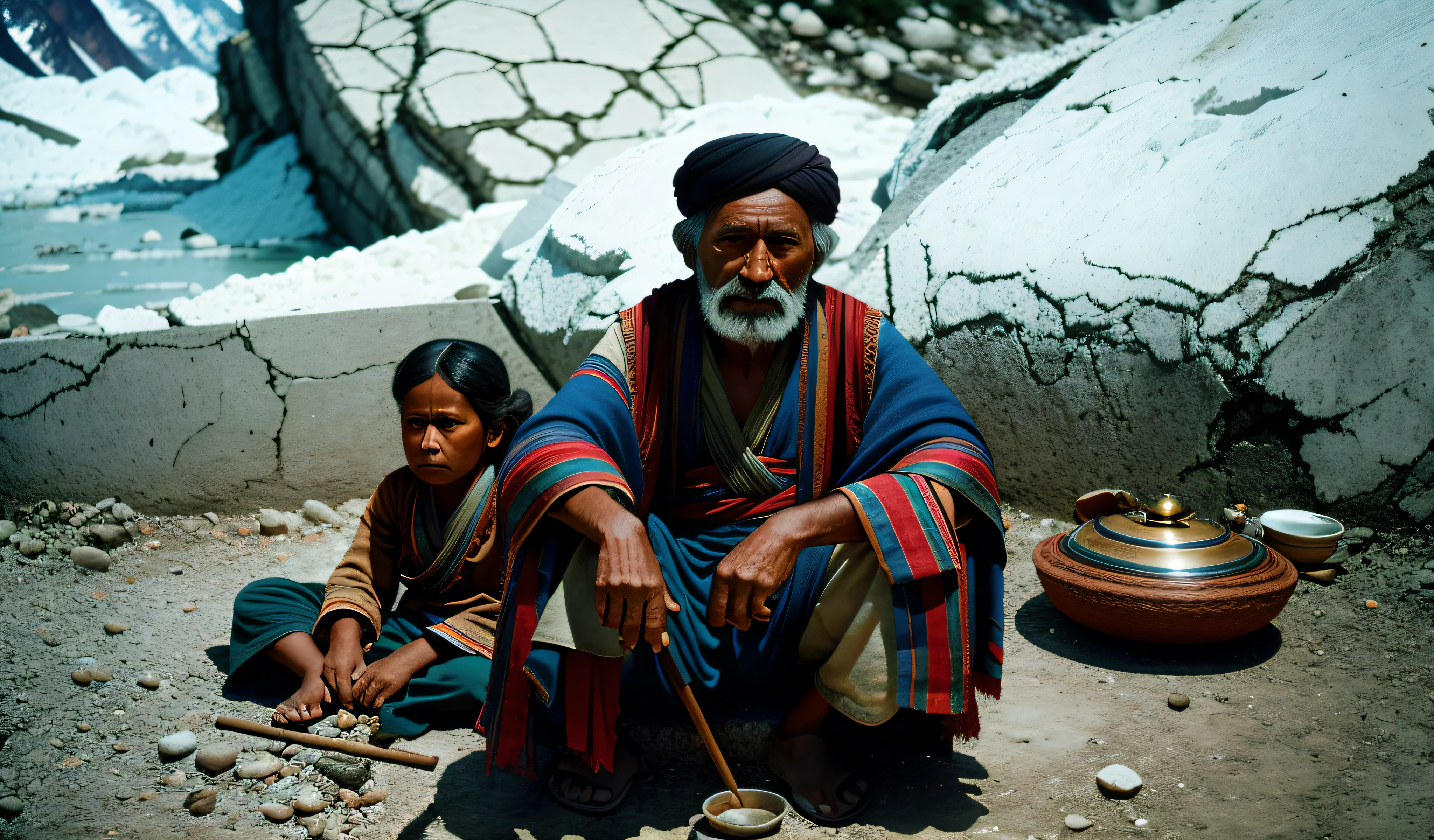 masterpiece, high quality, solo focus, Himalayan people, high angle, realistic beggars, whole body, night, kodak portra 400 camera f1.6 lens rich colors hyper realistic texture dramatic lighting unreal engine trend on artstation cinestill 800 --auto --s2
