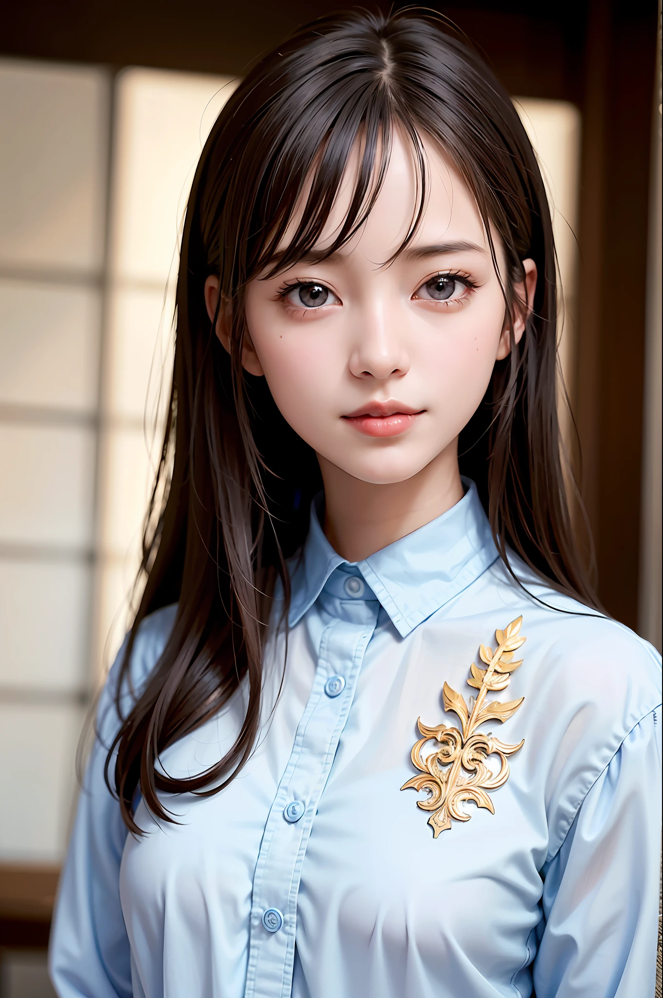 Masterpiece, 1 Beautiful Girl, Detailed, Swollen Eyes, Top Quality, Ultra High Resolution, (Reality: 1.4), Original Photo, 1Girl, Cinematic Lighting, Smiling, Japanese, Asian Beauty, Korean, Clean, Super Beautiful, Little Young Face, Beautiful Skin, Slender, Cyberpunk Background, (ultra realistic), (high resolution), (8K), (very detailed), (best illustration), (beautifully detailed eyes), (super detailed), (wallpaper), (detailed face), viewer looking, fine detail, detailed face, pureerosfaceace_v1, smiling, 46 point slanted bangs, looking straight ahead, neat clothing, dark colored eyes, clothing (fashionable, plain, folded collar, irregular, shirt feel, date dress), body facing front,