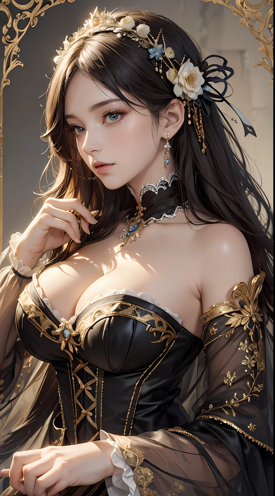 (Pure Color: 0.9), (Color: 1.1), (Masterpiece: 1,2), Best Quality, Masterpiece, High Resolution, Original, Highly Detailed Wallpaper, Beauty, Victorian, Dress, Melancholy, Big Breasts, Sepia Color, 30 years old --auto --s2