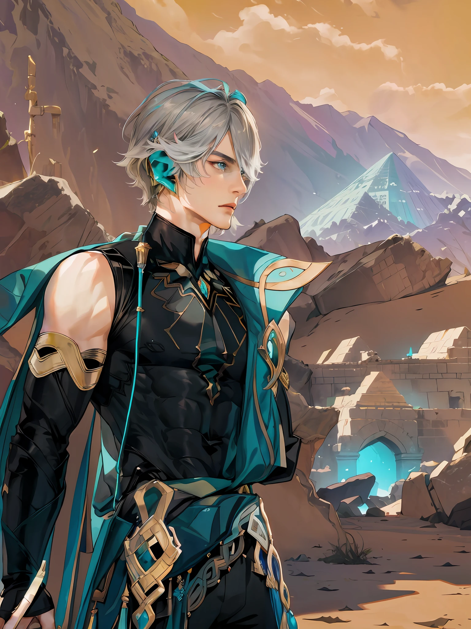 extremely delicate and beautiful, Amazing, finely detail, masterpiece, ultra-detailed, highres,best illustration, best shadow,intricate,sharp focus, high quality, 1 male solo, mature, handsome, tall muscular guy, broad shoulders, grey hair. dark teal eyes, alhaitham genshin impact, black sleeveless top, separate black sleeves, dark pants, long fingerless gloves, in the desert ruins, pyramids, neon blue lights