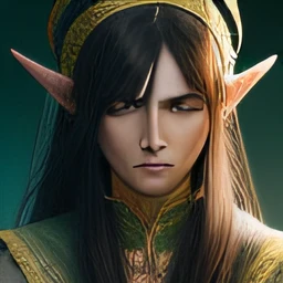 An elf, man, long black hair, wearing hobby seeing, with a serious expression on his face. He wears an imposing crown on his head, made of flaws. --auto --s2