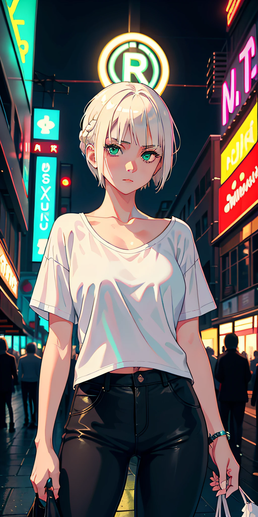 masterpiece, best quality, nsfw, 1girl, platinum blonde hair, short hair, green eyes, braids, small perky breasts, on the street, night, neon light, white t-shirt, braless, black pants, poker face, front view, standing, in crowd,