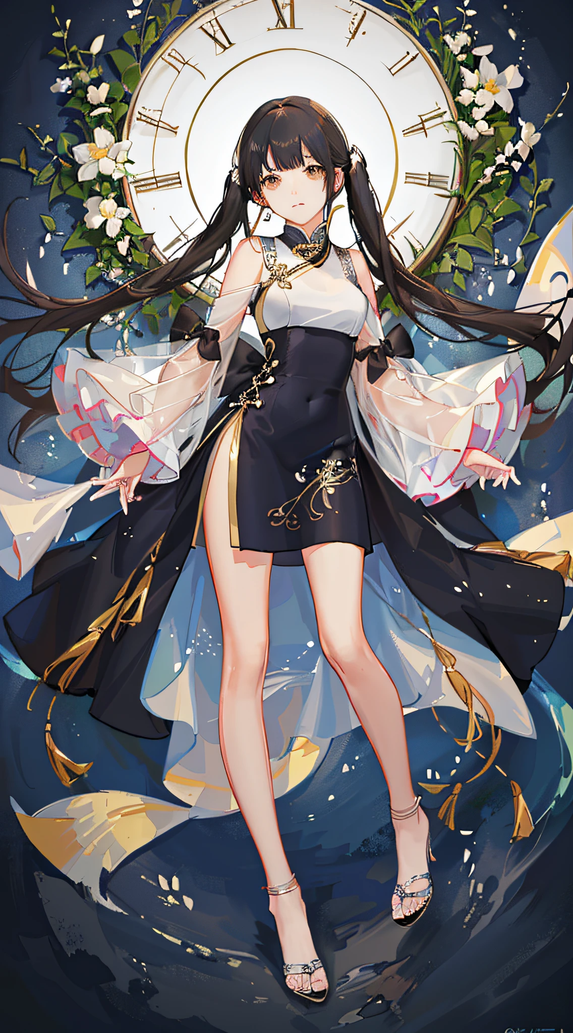 girl, full body, (face detail: 1.2),masterpiece,fashion,cheongsam,,medium hair,black hair,twin tails,blunt bangs,brown eyes,