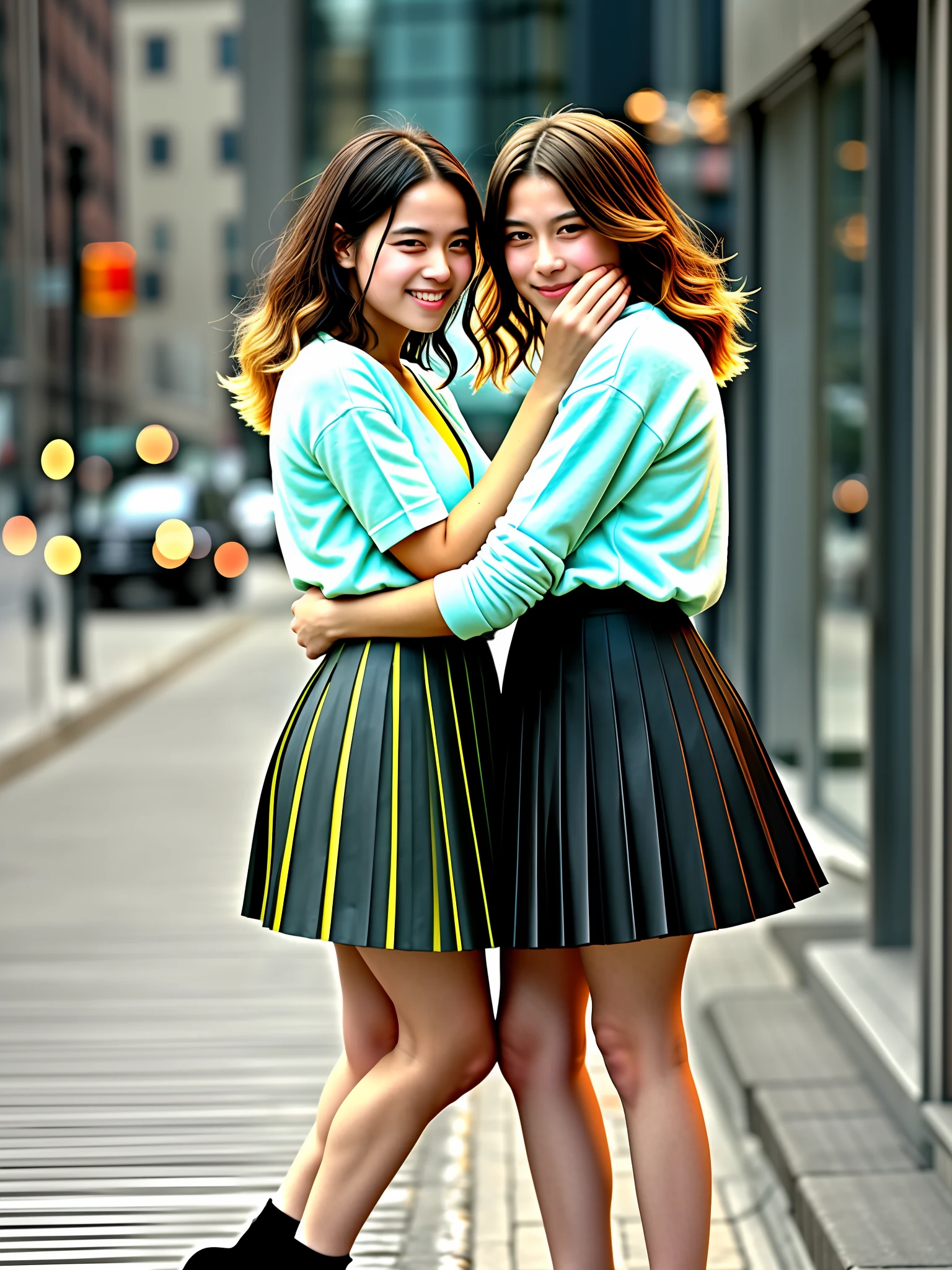 documetary photograph of many tender, compassionate, kind, flirty, shy smile, attractive, pretty, cute, passionate sapphic lesbian women who want to kiss and love all wearing long pleated skirts and short blazers and girly low heeled shoes, (wind blowing, windy:0,1)