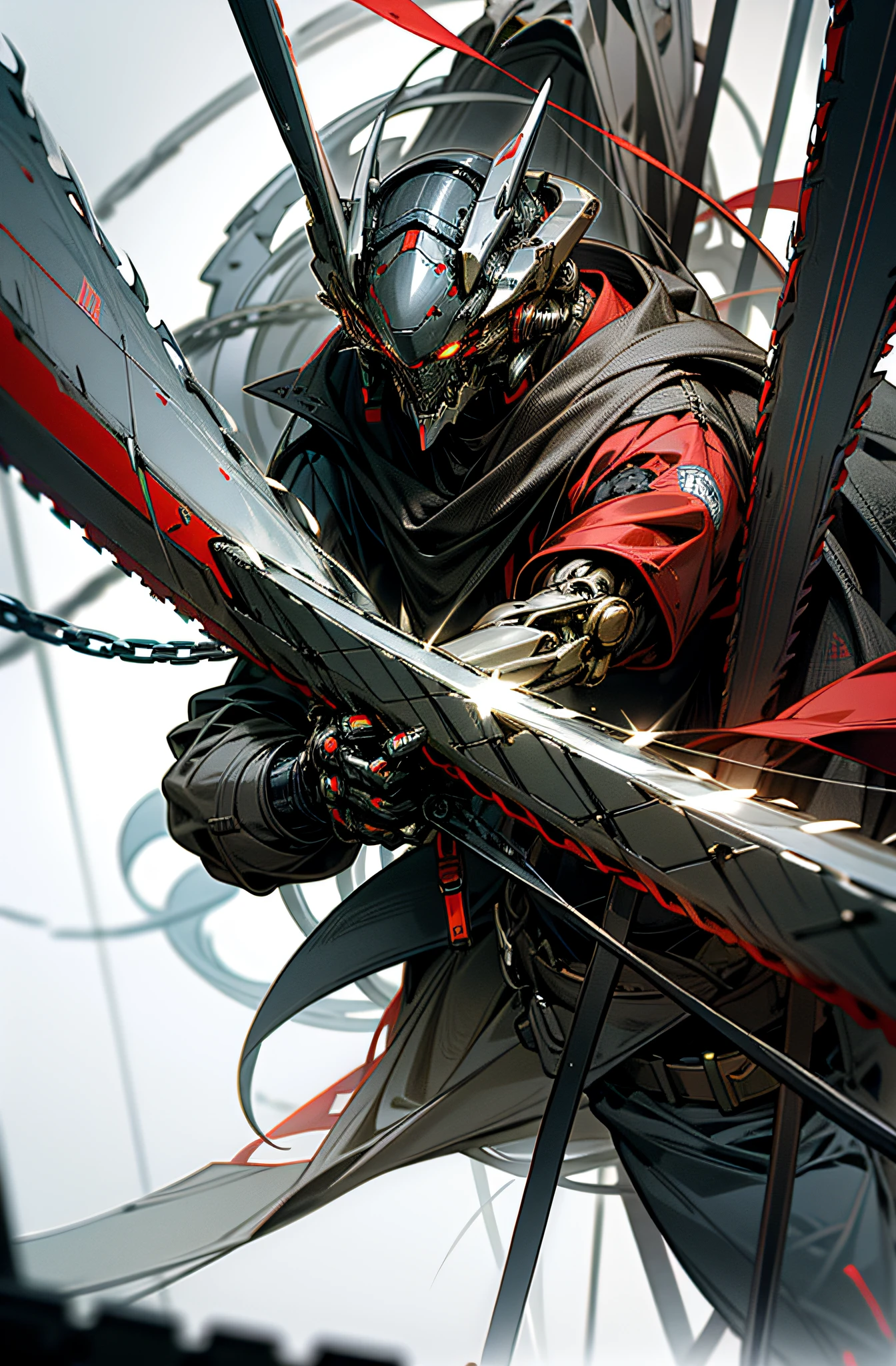 Dark_Fantasy,Cyberpunk,(chain saw,chain saw man,Red:1.1),1man,Mechanical marvel,Robotic presence,Cybernetic guardian,