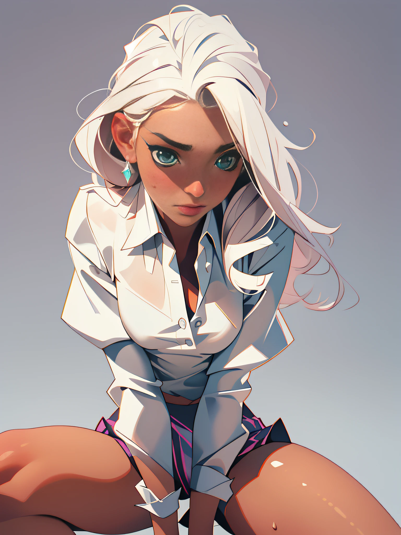 SFW:2.0, touching vaginal entrance, Sweat, Hyper realistic, white blouse, open blouse, poorly dressed, partially dressed, perky, woman straddling, woman on top, grool, below, highres, absurdres, Realistic photo, Soft shading, Precise details, Vibrant color scheme, beautiful,