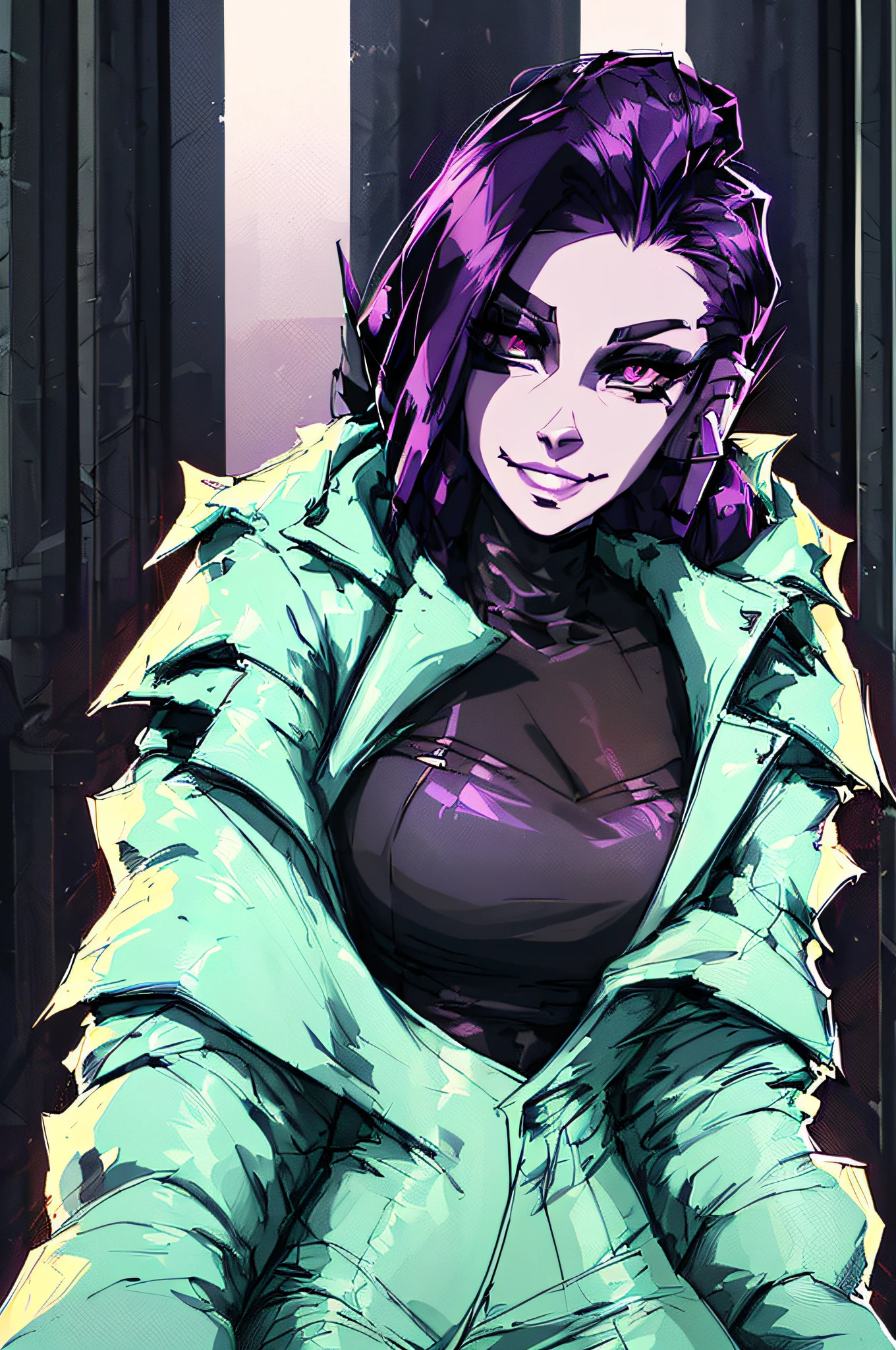 portrait, 1girl, coat,  turtleneck, high collar, mascara, seductive pose, wide smile expression, sombra \(overwatch\), perfect hands, eyeshadow, eyeliner, jewelry, stud earrings, cyberpunk, hacker room, very detailed background, masterpiece, best quality, HDR, high quality, high-definition, CG