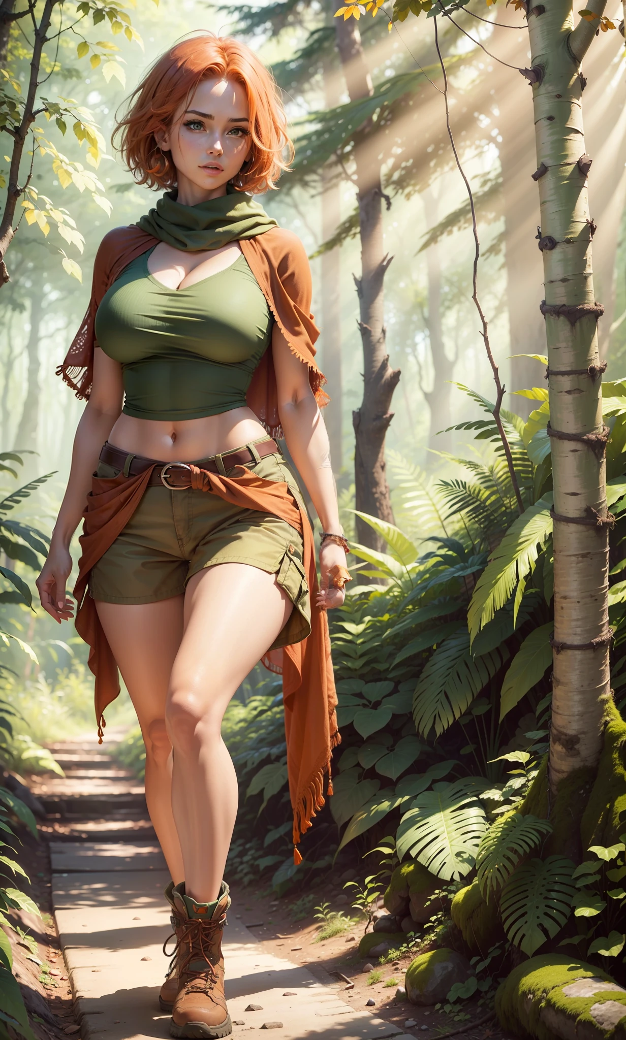 16k, UHD, Hyperrealistic, High detail, best quality, beautiful woman with short rust colored hair, short orange cargo shorts, forest green shawl, green hiking boots, walking in the woods, no clothing above waist except for the shawl, sexy, exposed torso, large boobs, wide hips, thin waist