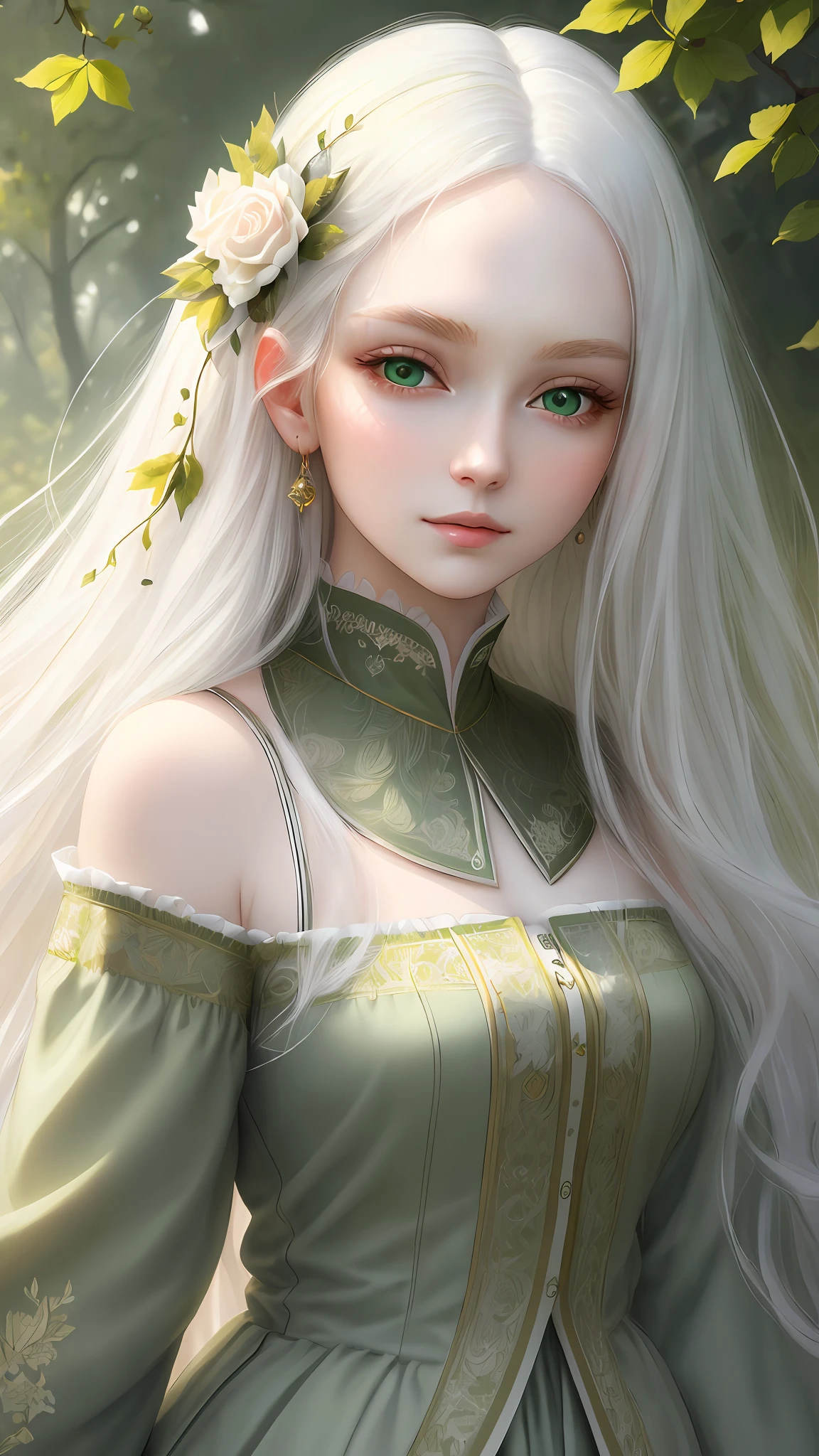 "(((Masterpiece)))), best quality, ultra-detailed details, extremely delicate and beautiful 8k wallpaper, floating, zooming in on the face of a beautiful girl with long white hair, intense green eyes and pale skin."