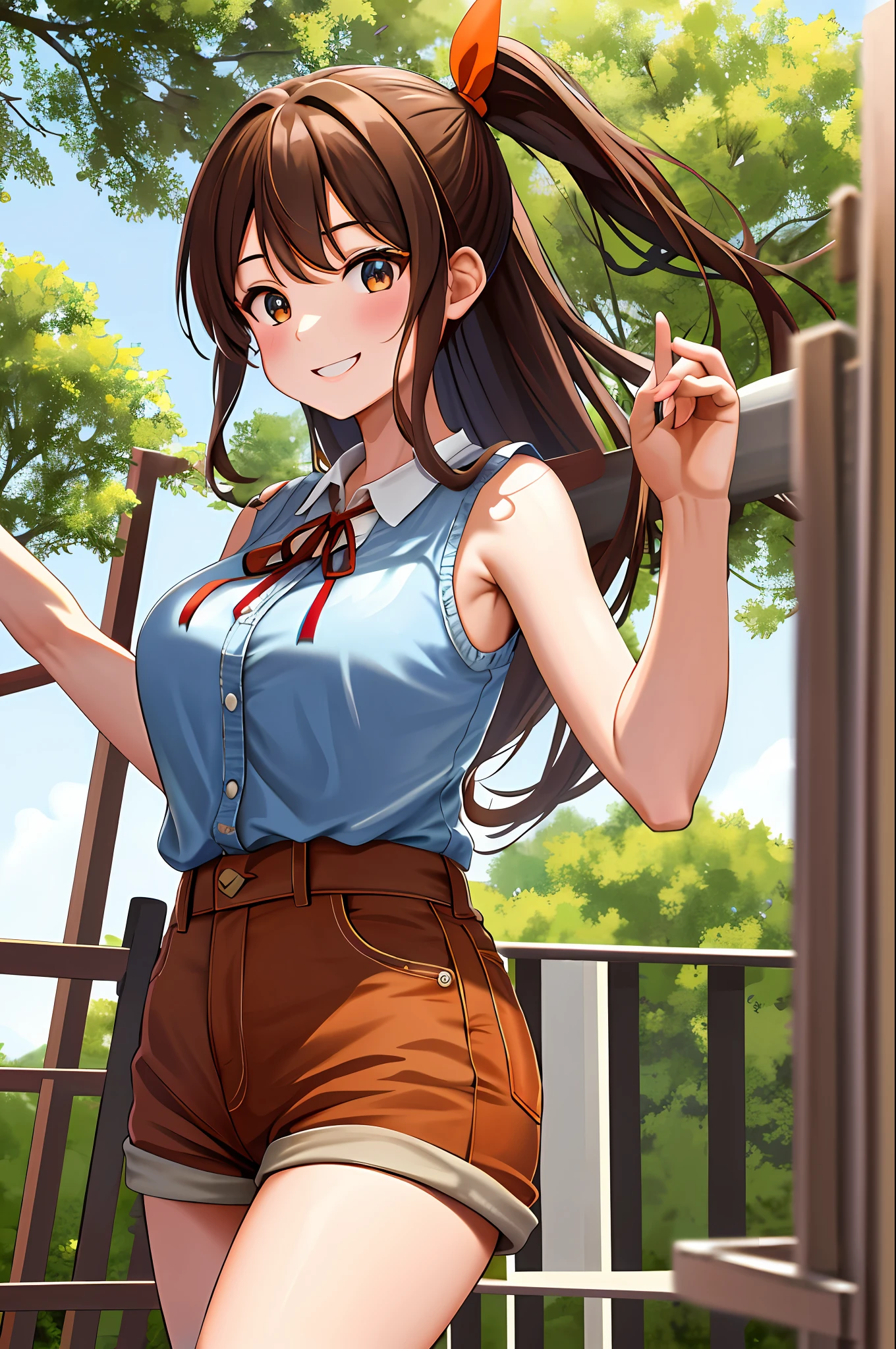 masterpiece, best quality, highres, chi1, 1girl, long hair, ponytail, one side up, solo, brown jean shorts, red ribbon, orange sleeveless shirt, bangs, neck ribbon, cowboy shot, outdoor, smile, ladder, tree, construction, brown hair, blue eye,gigantic breasts