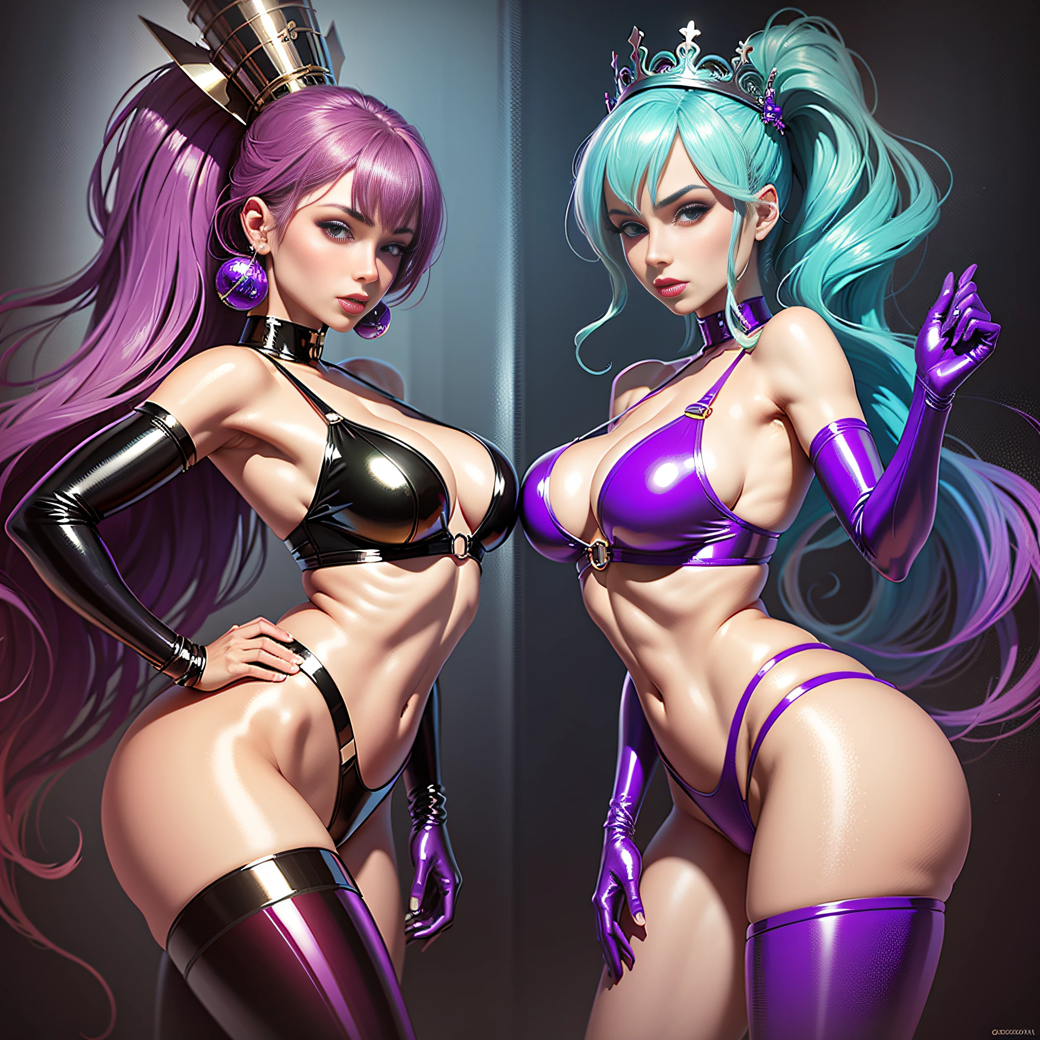 Queen duo of unknown worlds, unparalleled beauty duo, sexy limbs, super bikinis, latex, glittering costumes