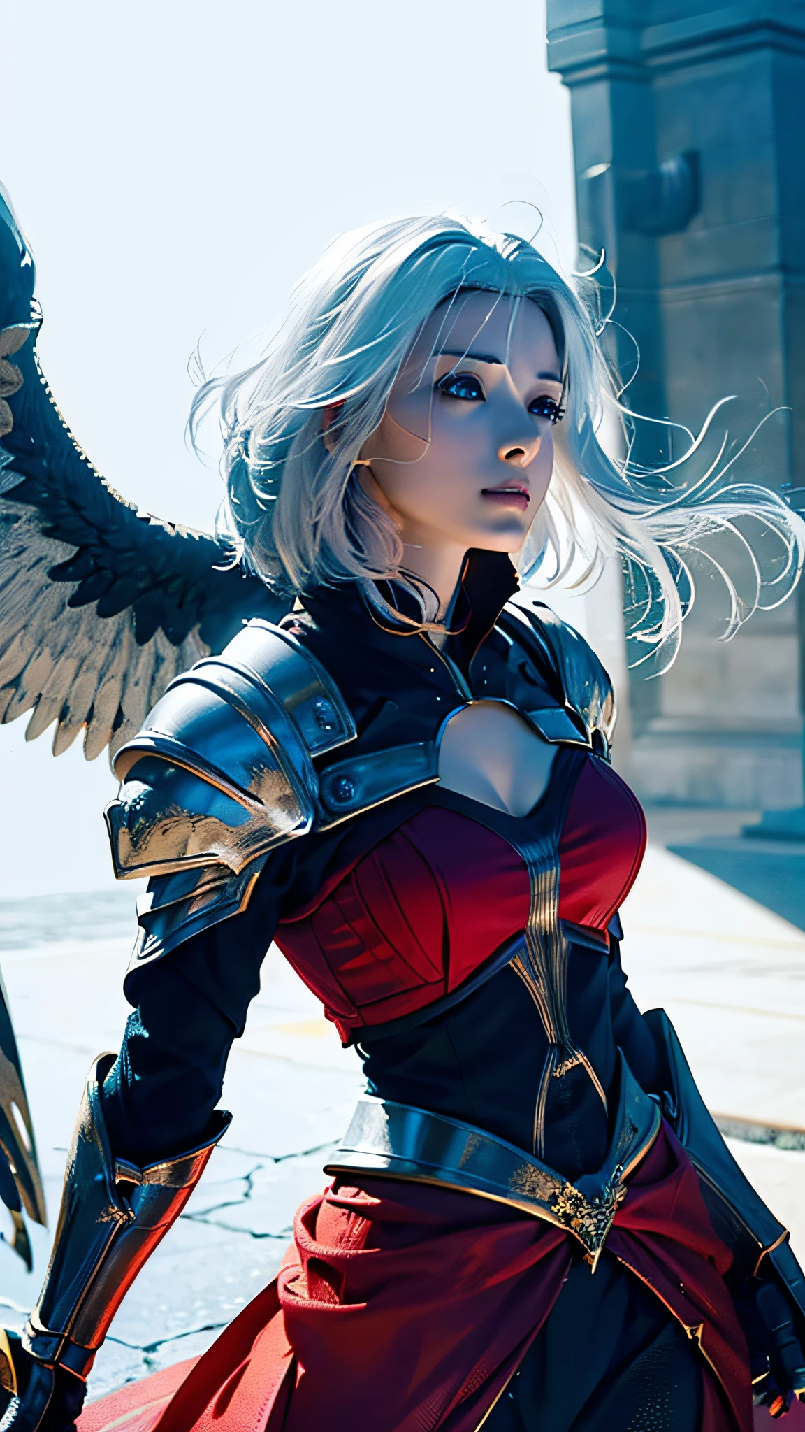 Official Art, Unity 8k Wallpaper, Ultra Detail, Masterpiece, Best Quality, One Woman, (Very Detail), Dynamic Angle, Mystical Expression, Fire Glowing Effect, Fantasy Background, Rim Lighting, Side Light, Cinematic Light, Ultra High Definition, 8k UHD, Film Grain,Best Shadow, Delicate, RAW, Light Particles, Detailed Skin Texture, Detailed Gem Armor Texture, Detailed Face, Complex detail, super detailed, bright, strong, red armor, cleavage, has glowing weapons, has a shield, pole dron, (((white hair)), long hair, shining brown eyes, long blue cloak, fantasy, (realistic),