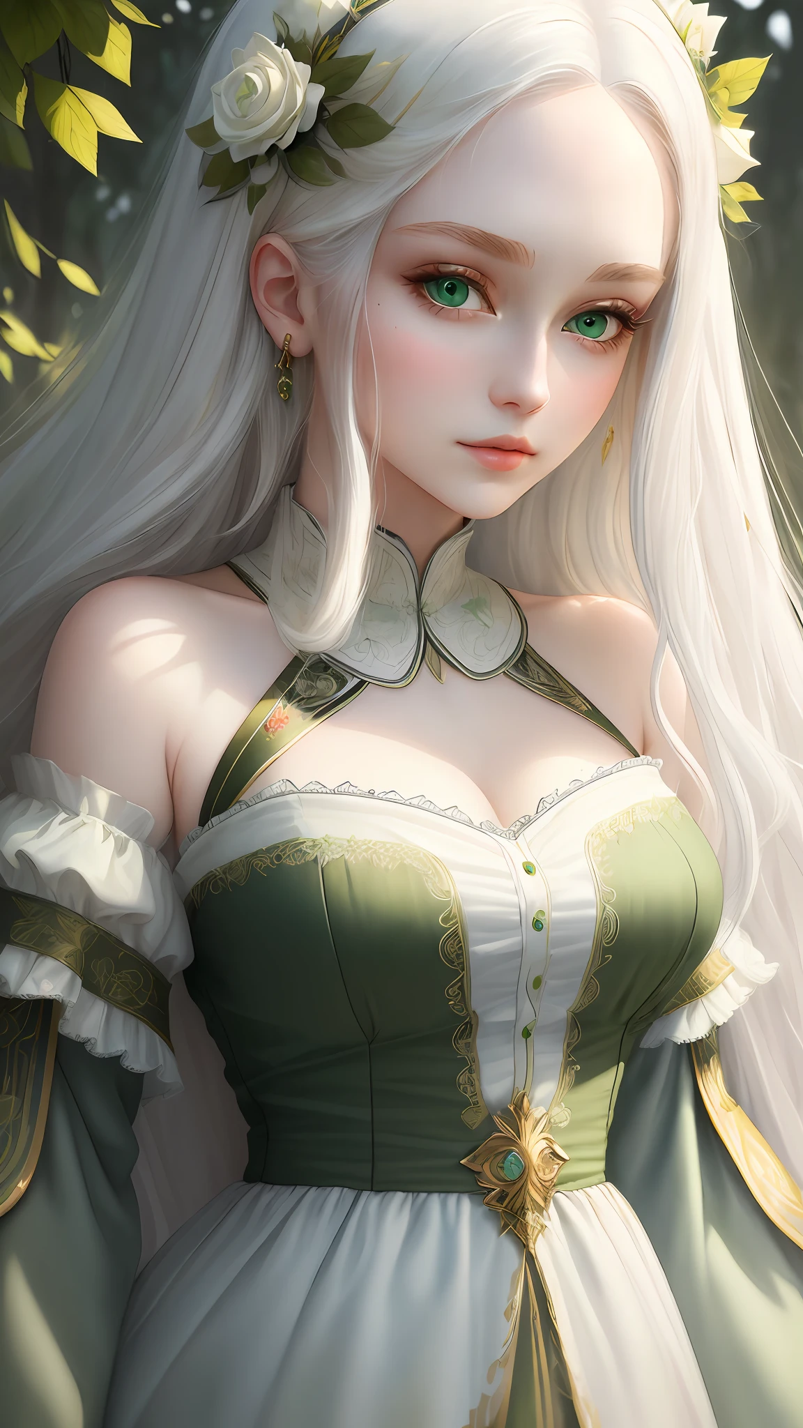 "(((Masterpiece)))), best quality, ultra-detailed details, extremely delicate and beautiful 8k wallpaper, floating, zooming in on the face of a beautiful girl with long white hair, intense green eyes and pale skin."