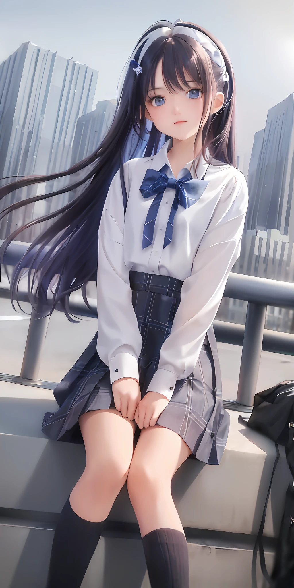 1girl, (masterpiece:1.1), (best quality:1.1), (white blouse:1.1), (plaid skirt:1.1), school uniform, plaid miniskirt, break [blue:pink:0.5] theme, (gradient background:1.1), cowboy shot, break colored hair, long hair, blue eyes, looking to the side, Black knee-length socks, sitting on the rooftop