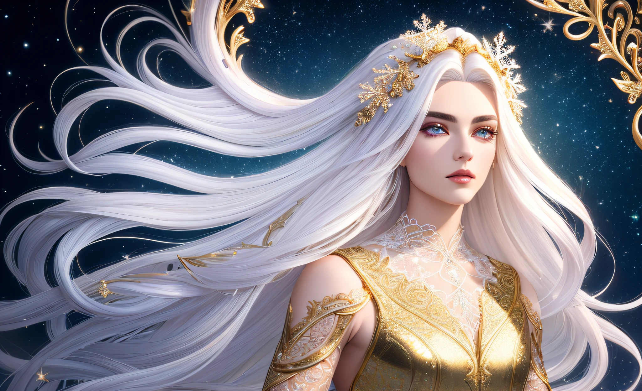 (unparalleled masterpiece, sidelighting, ultra realistic 8k CG, perfect artwork,(stunningly beautiful Male Devill),(long White hair),(male),(intricate details),goth Renaissance,(Roses background),detailed texture,(a realistic representation of a detailed Diamond shaped face),(full lips),approaching perfection,ultra high definition,8k resolution,(ethereal),aesthetic,dynamic,glowing,glamour,(glimmer),(defined arched eyebrows),(perfect proportion),snowflakes,Gold,(full body),perfect anatomy,Lace,backlit,smooth,sharp focus,dreamy,fantastical,shadows,smooth