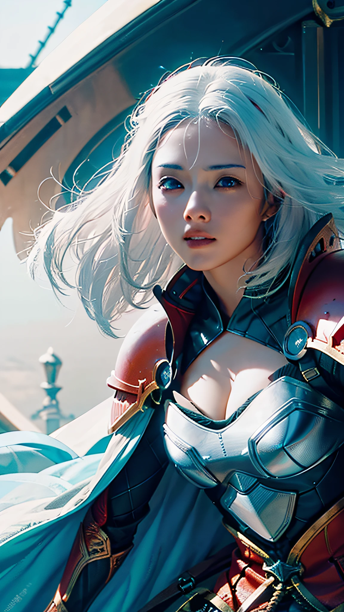 Official Art, Unity 8k Wallpaper, Ultra Detail, Masterpiece, Best Quality, One Woman, (Very Detail), Dynamic Angle, Mystical Expression, Fire Glowing Effect, Fantasy Background, Rim Lighting, Side Light, Cinematic Light, Ultra High Definition, 8k UHD, Film Grain,Best Shadow, Delicate, RAW, Light Particles, Detailed Skin Texture, Detailed Gem Armor Texture, Detailed Face, Complex detail, super detailed, bright, strong, red armor, cleavage, has glowing weapons, has a shield, pole dron, (((white hair)), long hair, shining brown eyes, long blue cloak, fantasy, (realistic),