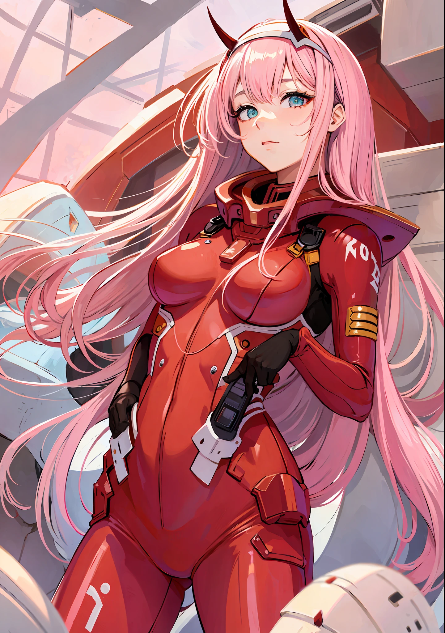 Masterpiece, top quality, best quality, official art, beautiful and aesthetic, anime, 1girl, Zero Two, extremely detailed, colorful, more detailed ((ultra-detailed)), (highly detailed CG illustration), solo, pink hair, pair of horns, verd s eyes, long hair, (focus on character), pilot outfit, red bodysuit with white details, science fiction, blood